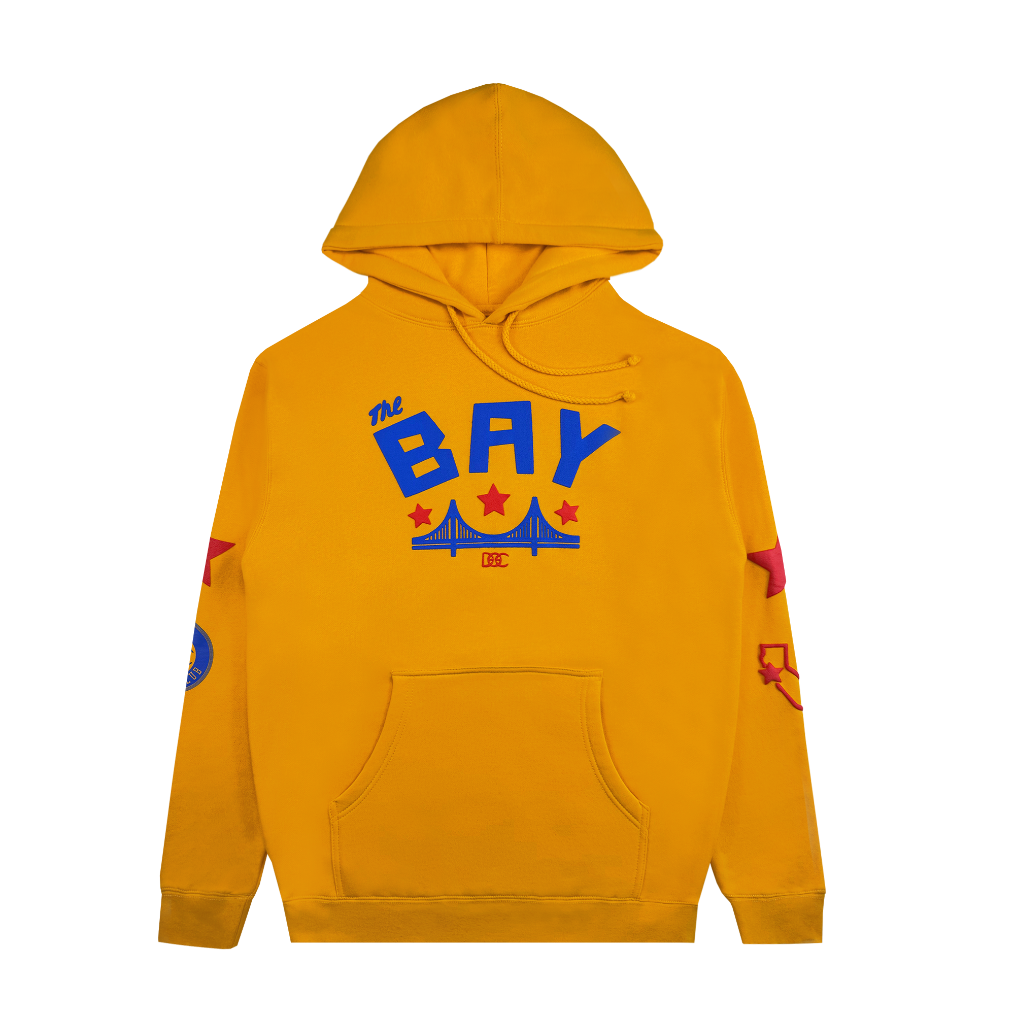 The Bay Bridge Hoodie by DOC from Oaklandish is a yellow hoodie featuring "The Bay" in bold blue letters, a stylized red and blue bridge illustration, front pocket, drawstrings, and sleeves with partial designs including a red outline of California. Inspired by a Bay Area art project.