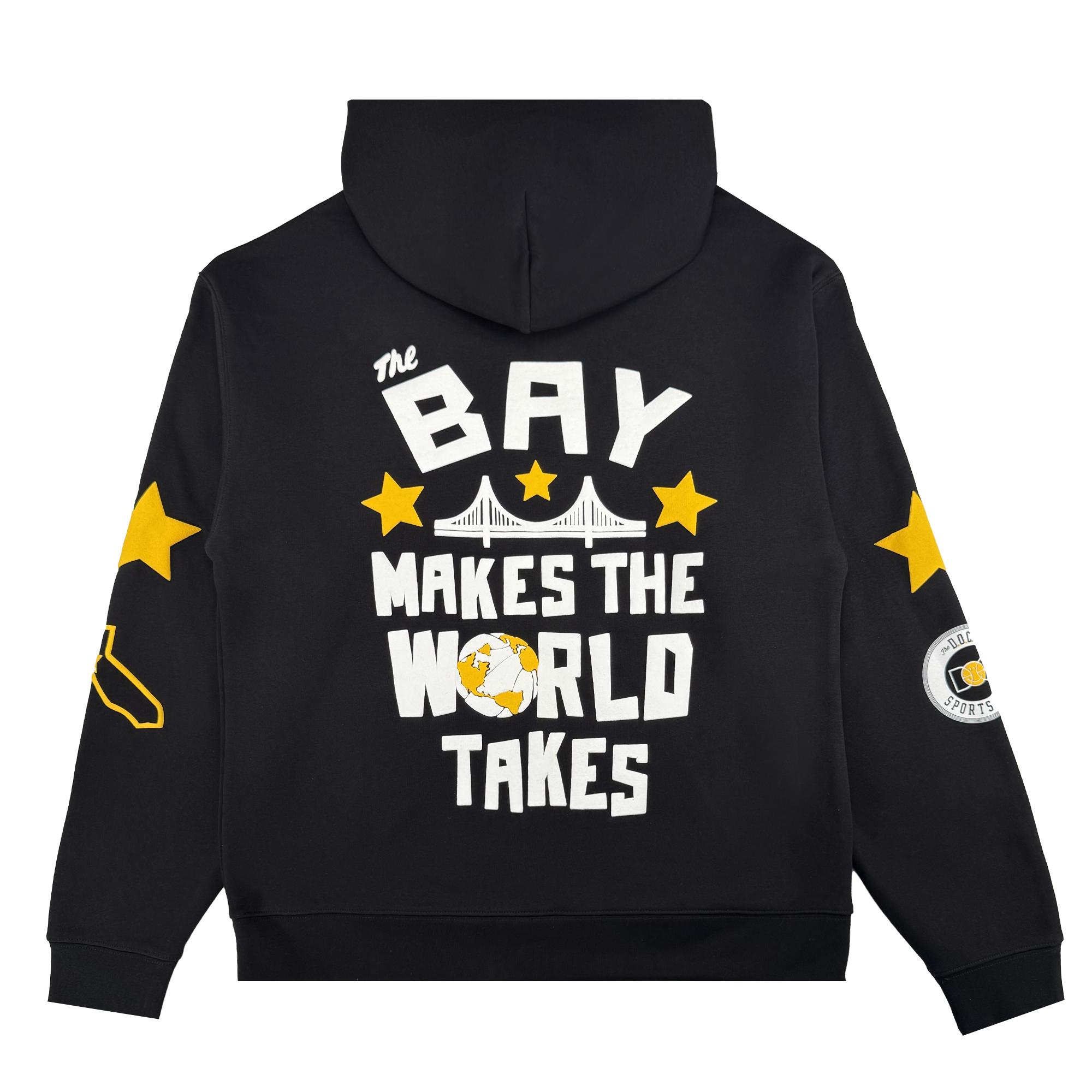 The Bay Bridge Hoodie By DOC V2 by Oaklandish, from The Bay Collection, has "THE BAY MAKES THE WORLD TAKES" on the back, three yellow stars, Golden Gate Bridge and basketball graphics, plus sleeve star and circular patch details.