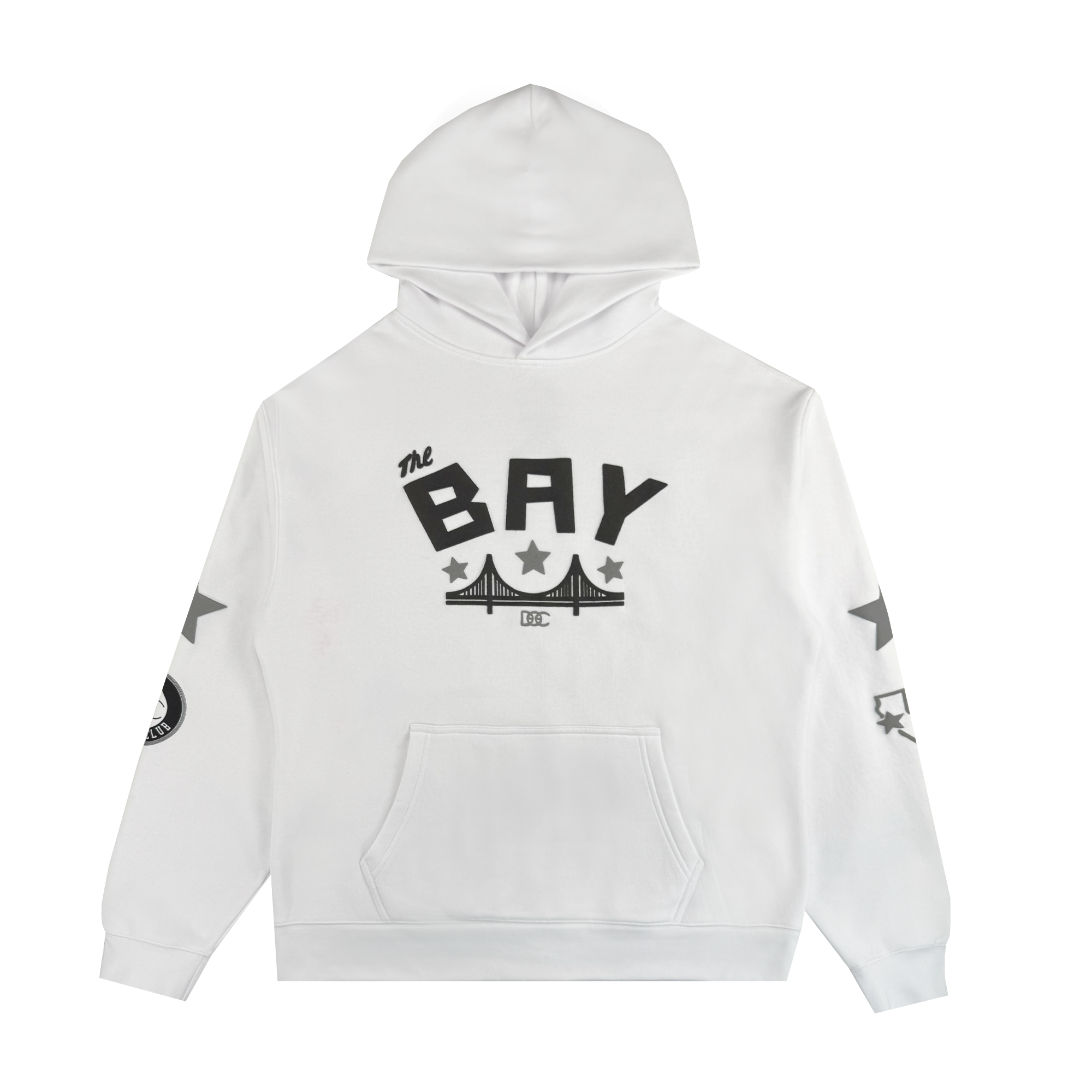 The Bay Bridge Hoodie By DOC V2 by Oaklandish is a white pullover with a front pocket, "THE BAY" in bold black letters above a bridge graphic, black stars on the sleeves, and a black-and-white patch on the right sleeve.