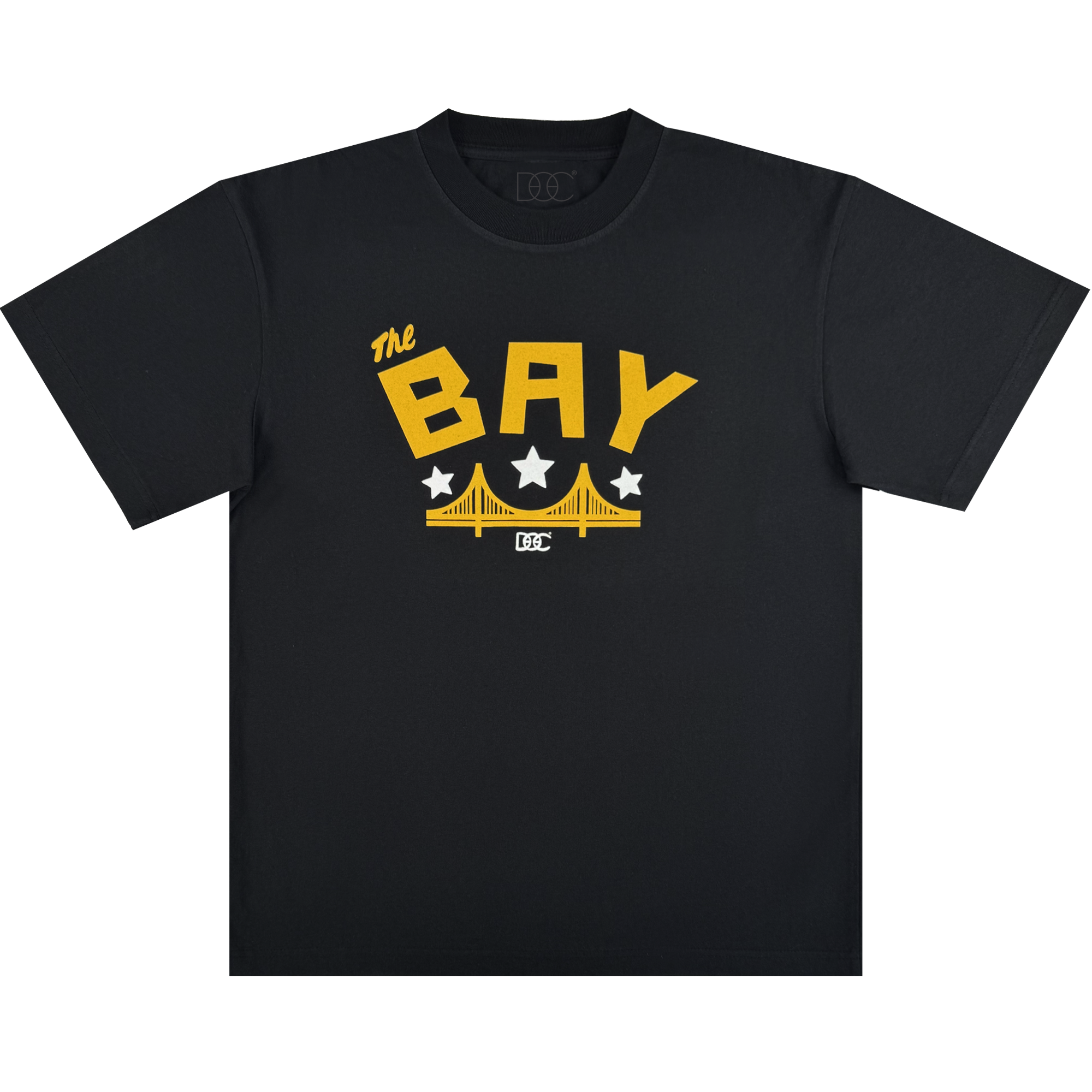 The Bay Bridge Tee By DOC V2 by Oaklandish features a classic fit in heavyweight cotton with bold yellow "The BAY" text, three white stars, and a yellow bridge graphic inspired by the Golden Gate Bridge on the chest.