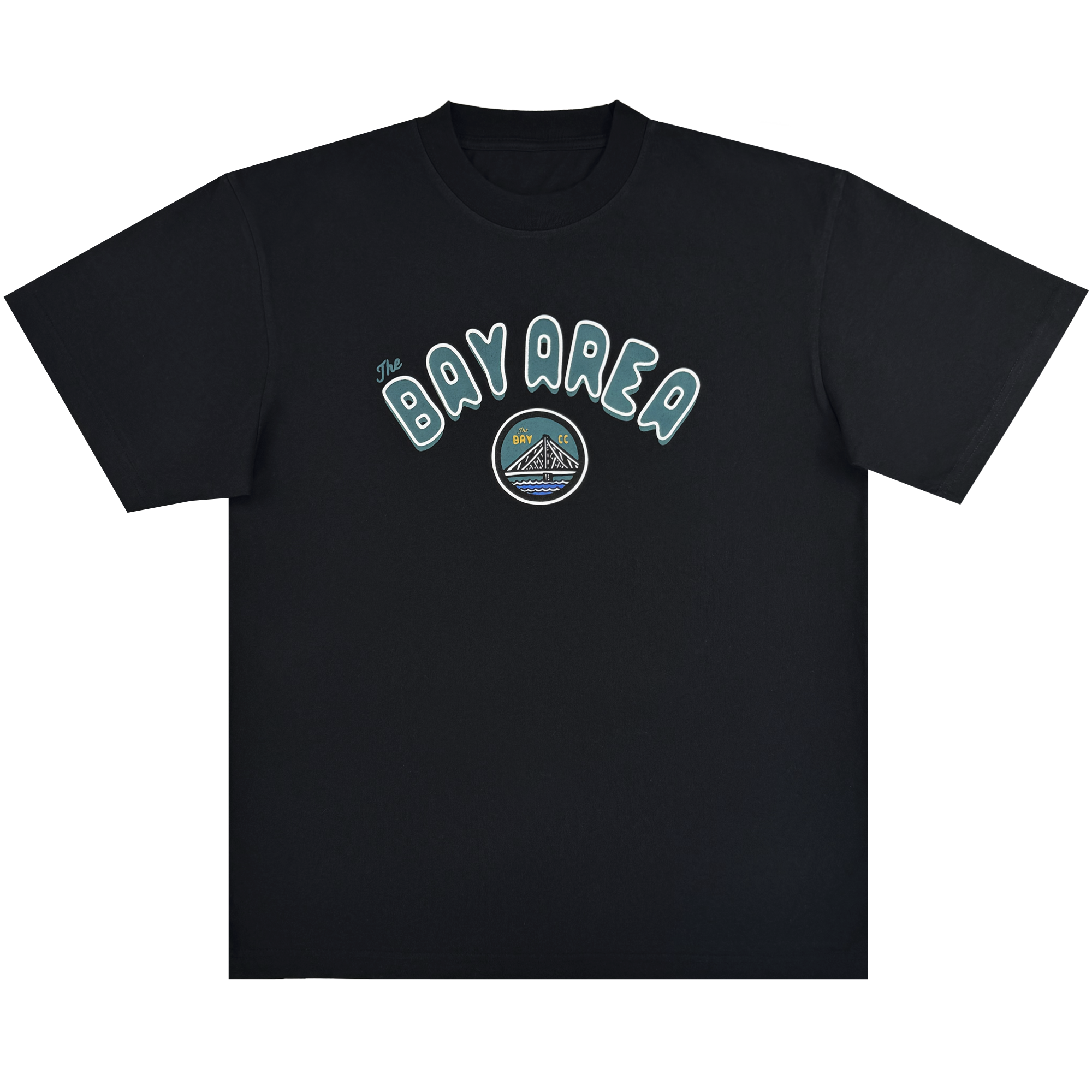 The Bay Area CC Tee by DOC from Oaklandish is a black short-sleeve classic fit, heavyweight cotton t-shirt featuring “The BAY AREA” in white and teal and a circular graphic of a mountain, bridge, sun, sky, and water.