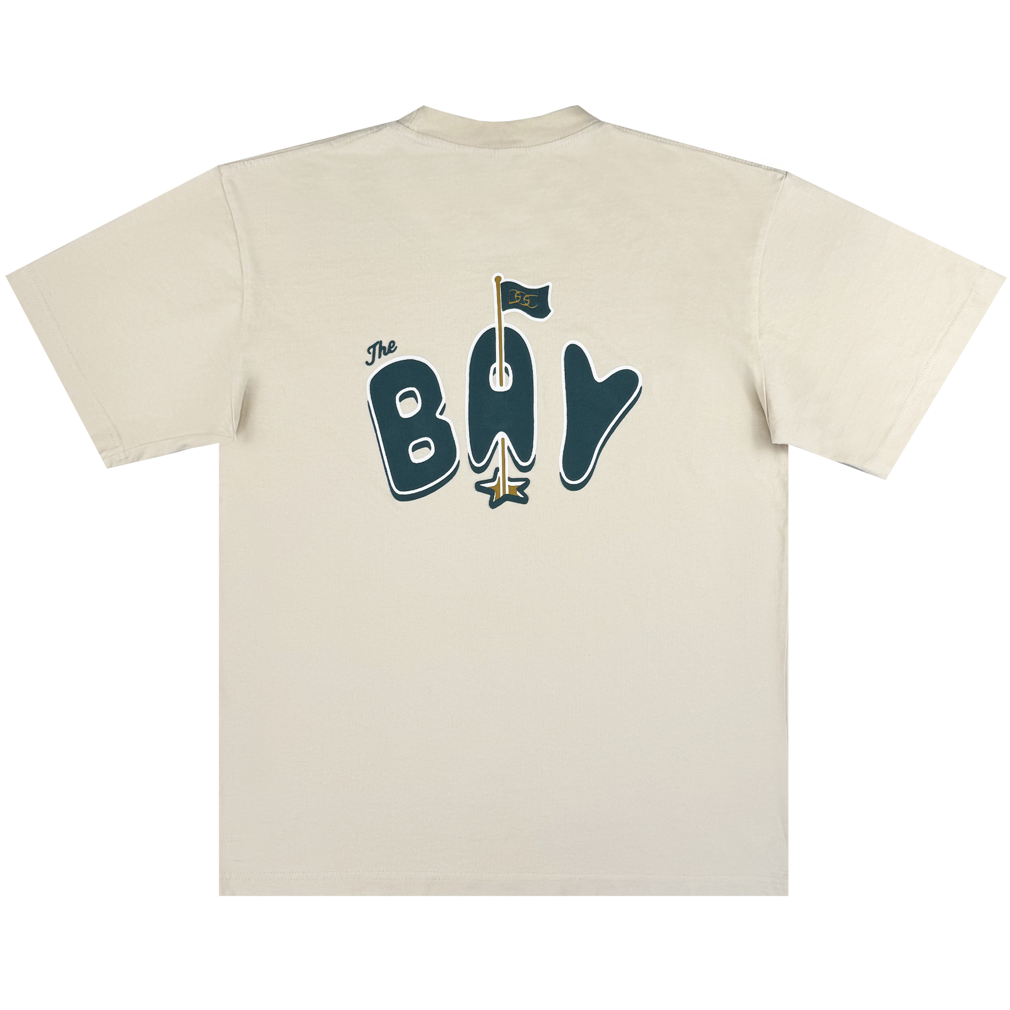 The Bay Flag Tee By DOC by Oaklandish is a heavyweight beige cotton classic fit tee with “The BAY” in bold blue on the back, plus a yellow bridge “A” and flag celebrating Golden State Warriors Bay Area pride. White background.