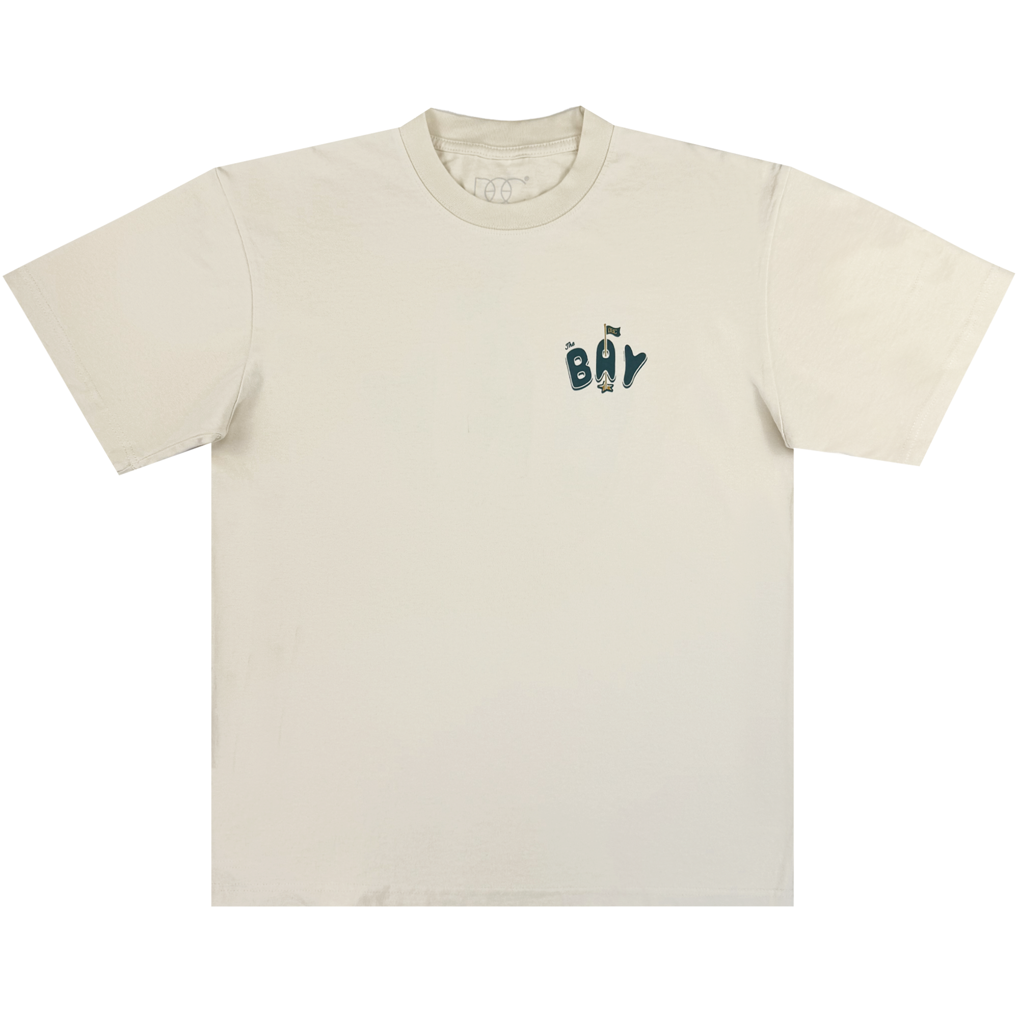 The Bay Flag Tee By DOC by Oaklandish is a classic fit, heavyweight cotton t-shirt in off-white, featuring a small playful "BAY" graphic on the left chest and a standard crew neckline. Part of The Bay Collection.