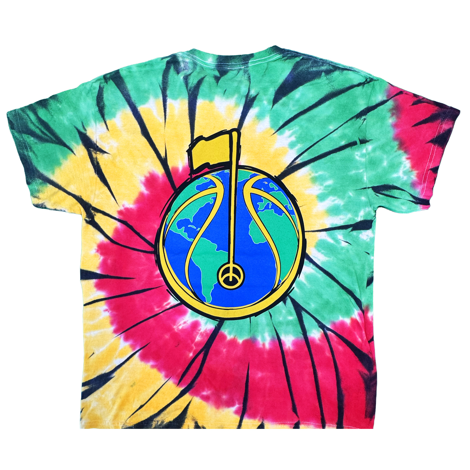 The Dead Golf Tee By Doc from By DOC is a heavyweight cotton tie-dye T-shirt in green, red, yellow, and black spiral patterns. The back displays a graphic of Earth—its blue and green continents—bearing a yellow peace sign outlined in black that transforms into a flagpole with a yellow flag, all featured on this classic fit tee.