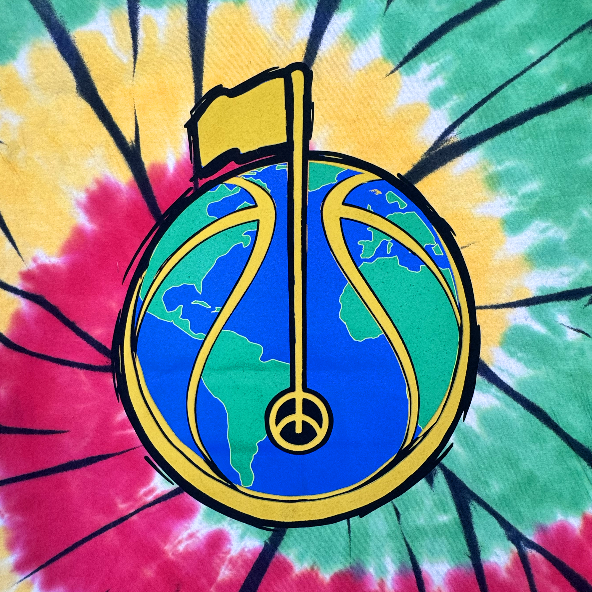 Set against a lively tie-dye backdrop of red, yellow, and green spirals, The Dead Golf Tee by Doc from By DOC features a classic fit that stands out. At the center, a globe with outlined continents is intersected by yellow basketball lines forming a peace sign, topped off with a distinctive yellow flag. Made from heavyweight cotton, this tee captures attention with its vibrant and thoughtful design.