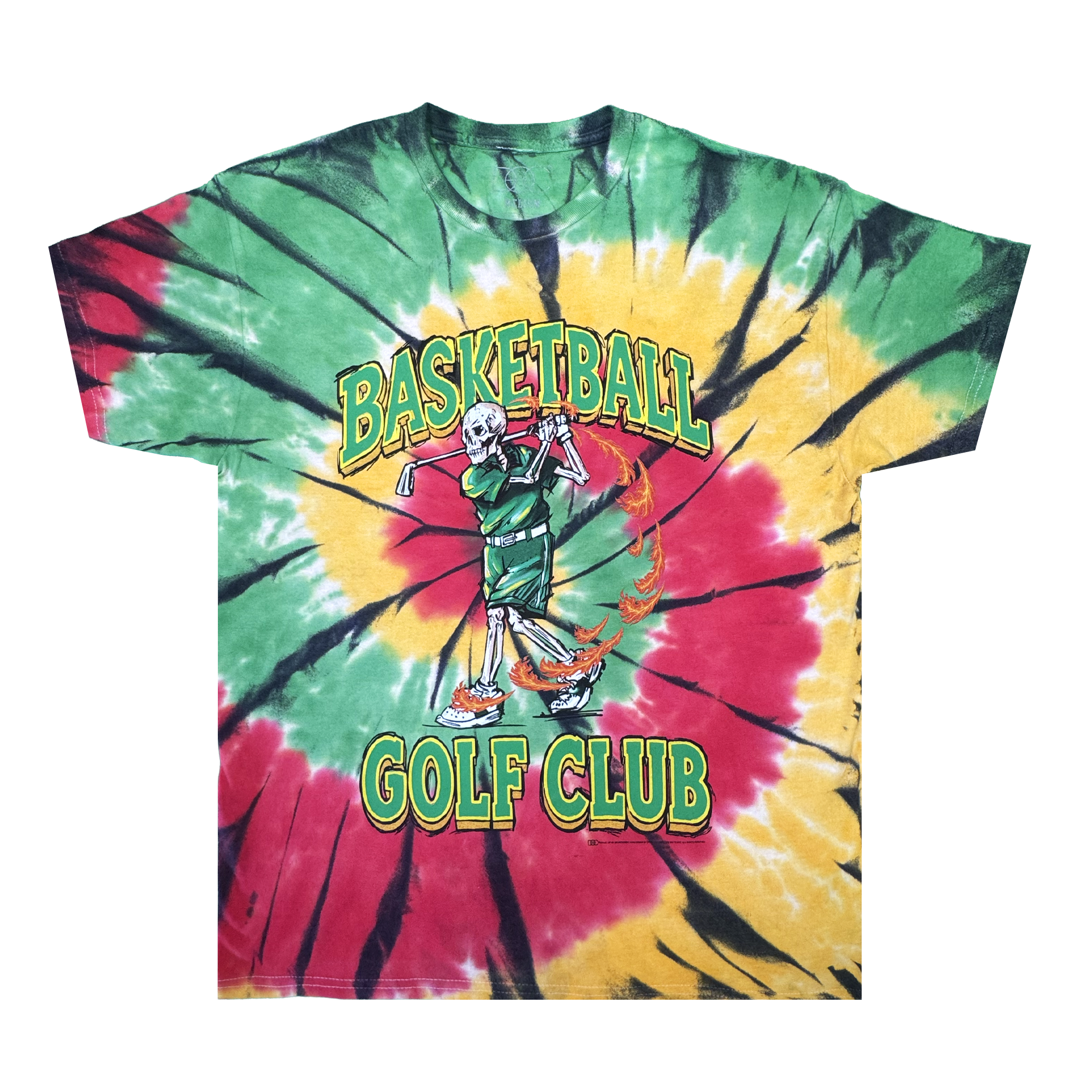 Introducing The Dead Golf Tee By Doc from By DOC—a heavyweight cotton tie-dye T-shirt in green, yellow, and red. This classic fit tee features a skeleton in basketball attire swinging a golf club, with large “BASKETBALL GOLF CLUB” text in yellow and green and a flaming basketball graphic near the skeleton’s feet. Blending playful graphics with bold style, The Dead Golf Tee By Doc delivers a standout look.