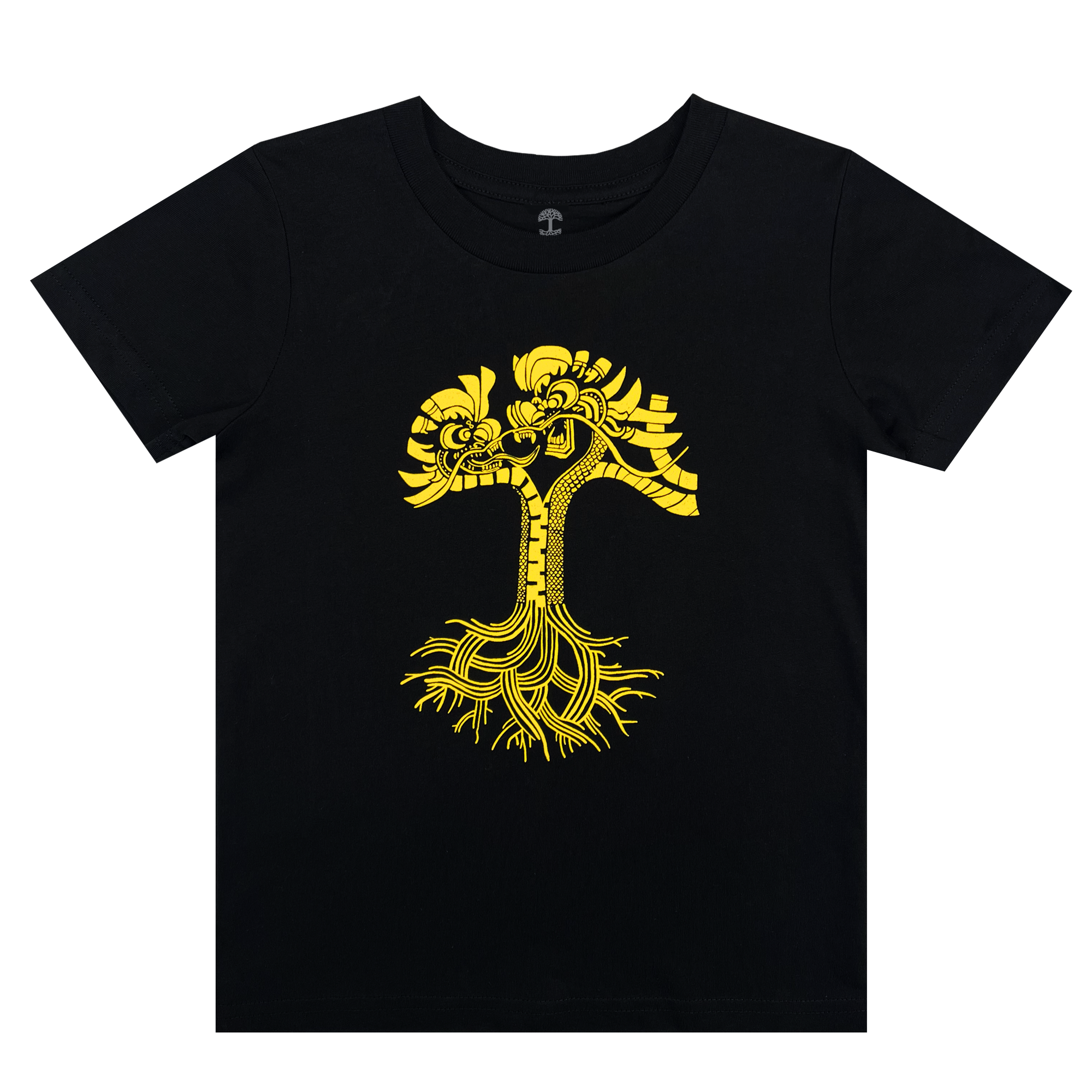 Black toddler-sized t-shirt with gold dragon power design shaped like an Oaklandish tree logo.