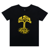 Black toddler-sized t-shirt with gold dragon power design shaped like an Oaklandish tree logo.