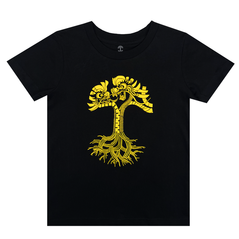 Black toddler-sized t-shirt with gold dragon power design shaped like an Oaklandish tree logo.
