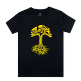 Black youth t-shirt with gold dragon power graphic design in the shape of an Oaklandish tree logo.