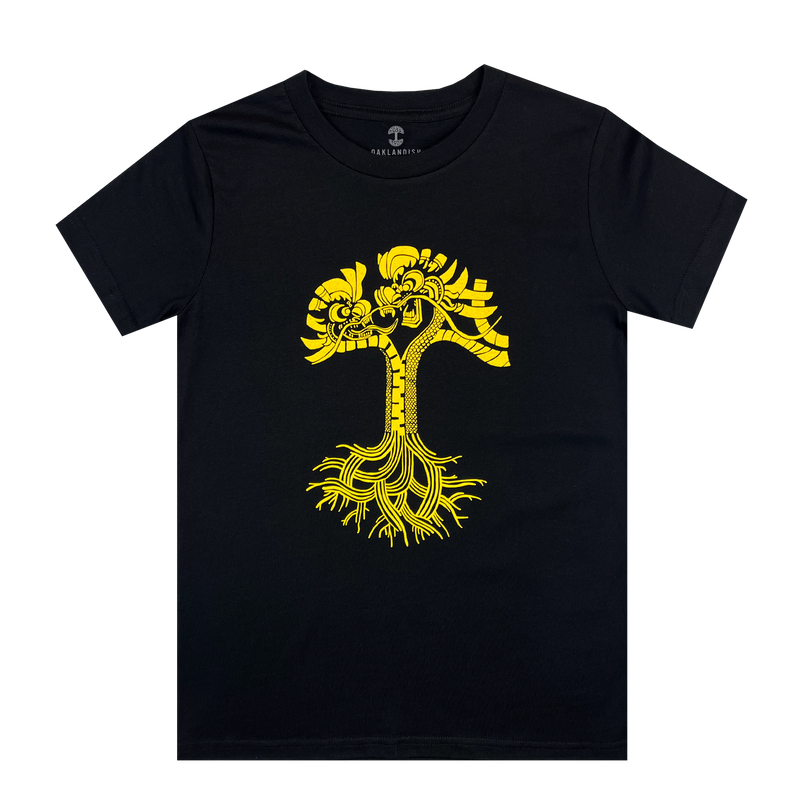 Black youth t-shirt with gold dragon power graphic design in the shape of an Oaklandish tree logo.