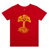 Red toddler-sized t-shirt with gold dragon power design shaped like an Oaklandish tree logo.