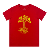 Red youth-sized t-shirt with gold dragon power design shaped like an Oaklandish tree logo.