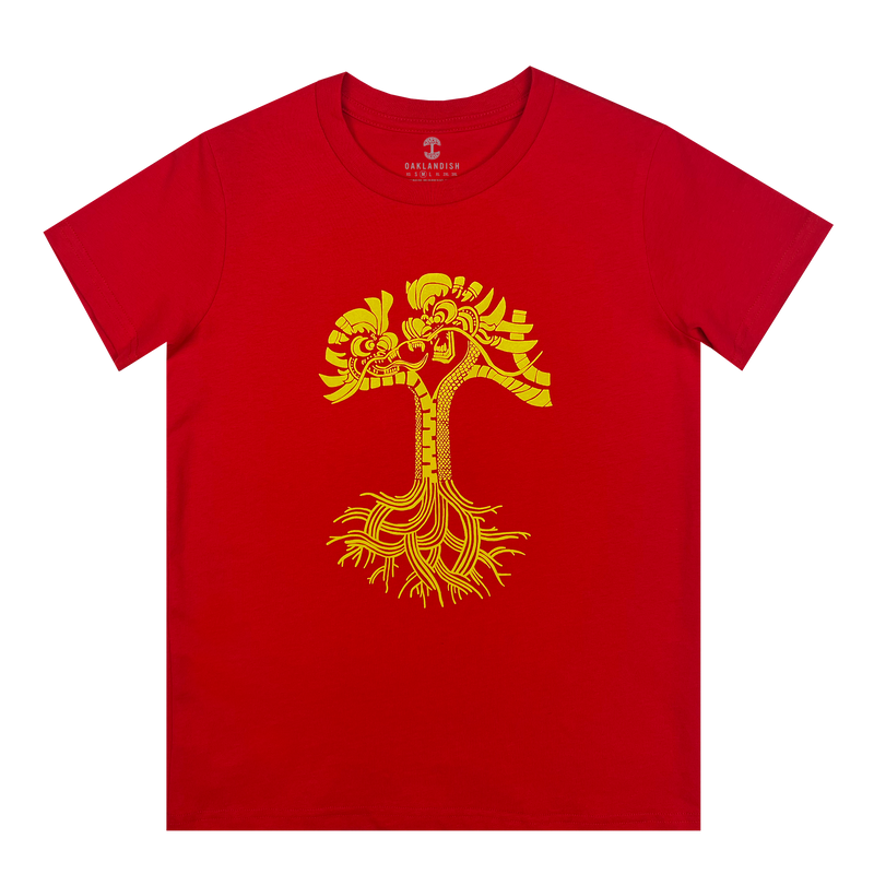 Red youth-sized t-shirt with gold dragon power design shaped like an Oaklandish tree logo.