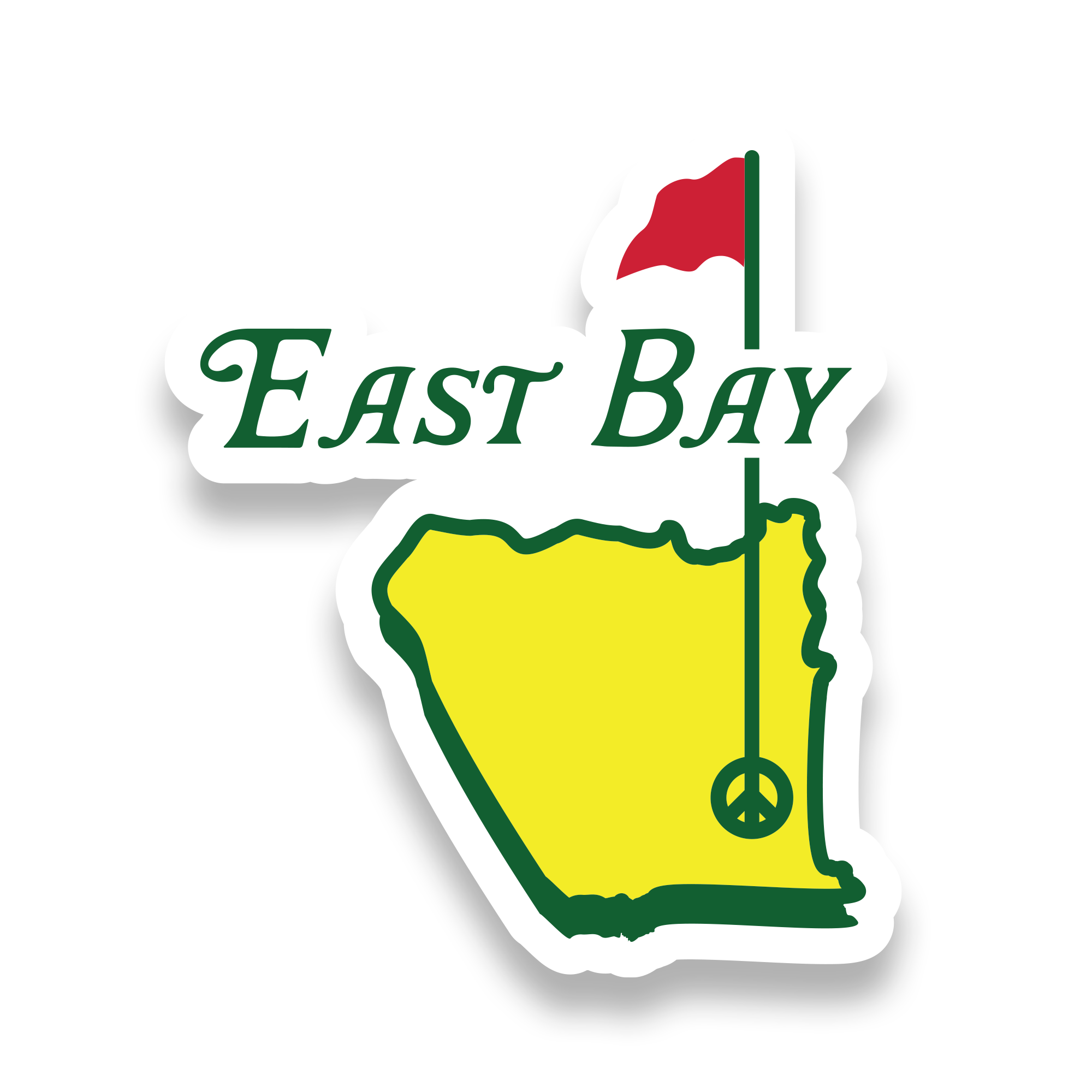 The East Bay Golf sticker by Oaklandish showcases "East Bay" in green above a yellow map outline, complemented by a red flag with a peace symbol. A bold black border enhances its appeal, making it an ideal accessory or standout sticker.