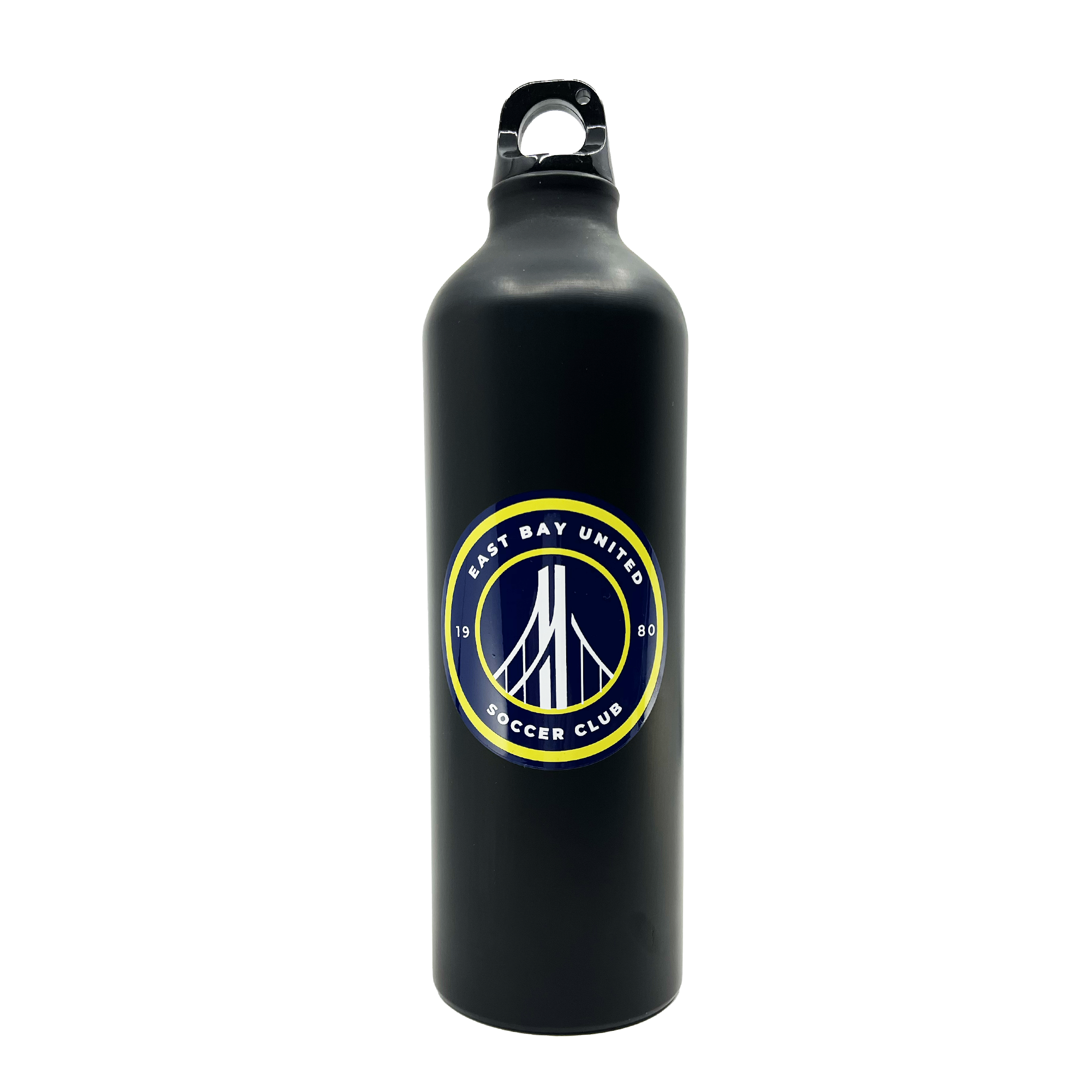 Black water bottom with blue and yellow East Bay United Soccer Club Logo  on the front in black with a screw top lid.