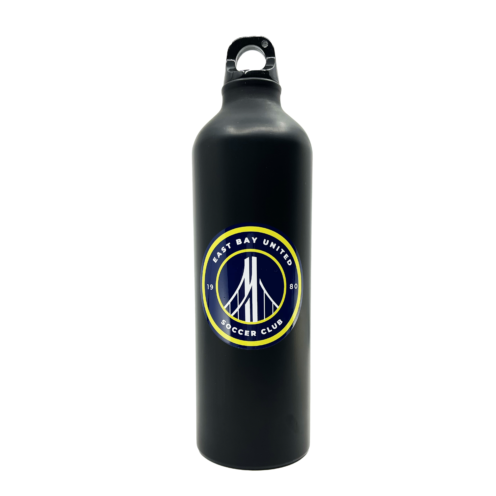 The EBU Water Bottle by Supported Brands is a tall, black water bottle with a screw-top lid. It features a circular logo with the text "East Bay United Soccer Club" encircling a stylized bridge design. Representing the youth soccer club established in 1980, this bottle showcases team spirit and community pride.