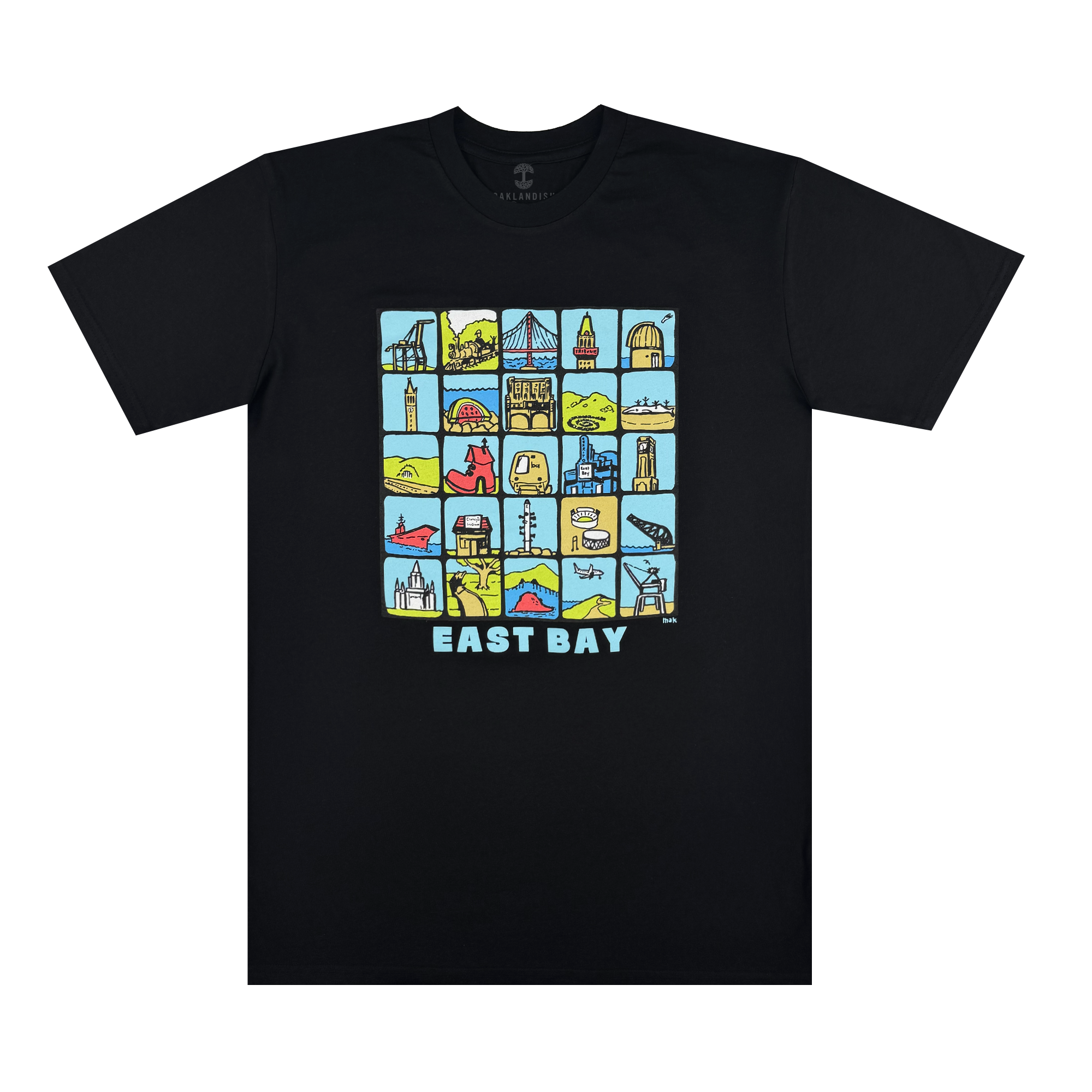 The Oaklandish East Bay Landmarks Tee is a black shirt with a colorful illustrated grid of local landmarks by an East Bay artist and “EAST BAY” in bold blue letters below the design, shown laid flat on a white background.
