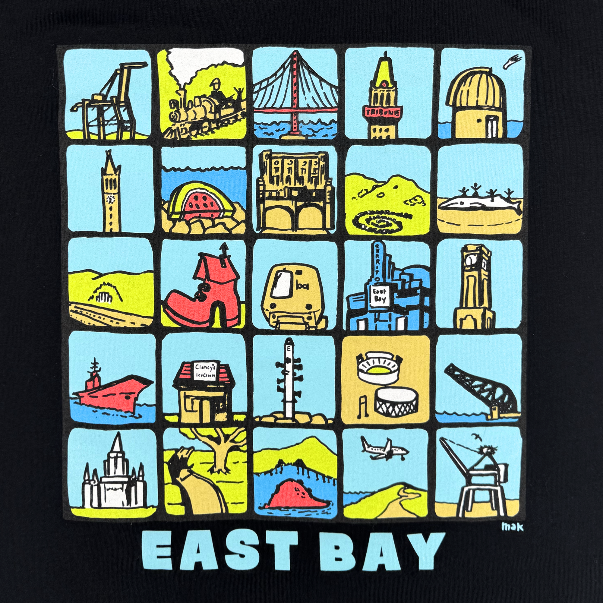 The Youth East Bay Landmark Tee by Oaklandish features a colorful grid of cartoon icons depicting Bay Area landmarks, set on a black background with "EAST BAY" in bold light blue at the bottom, celebrating local charm.