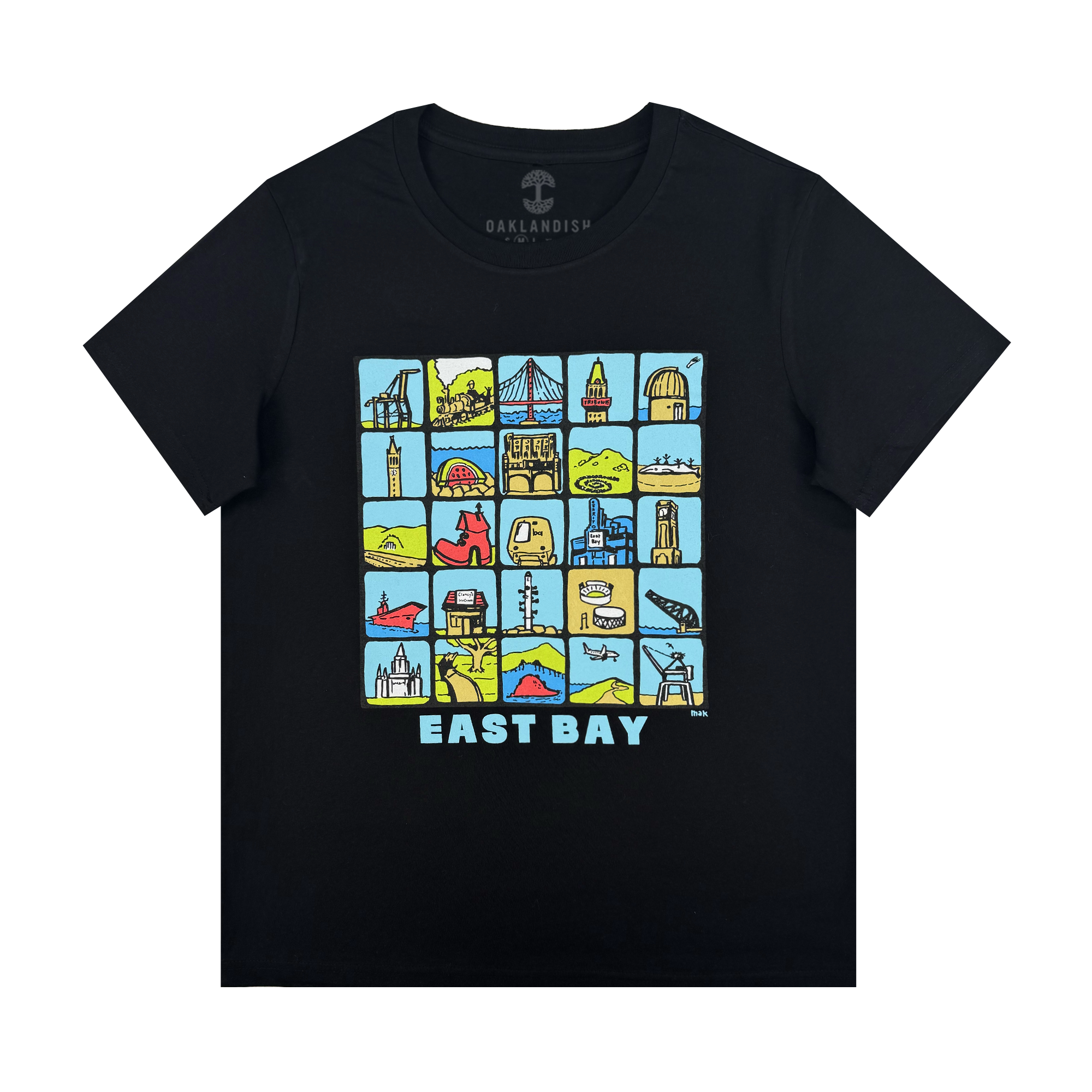 The Oaklandish Women's East Bay Landmarks Tee is a black shirt with colorful cartoon-style icons of bridges, buildings, and hills in a 5x4 grid above bold blue and white “EAST BAY” text.