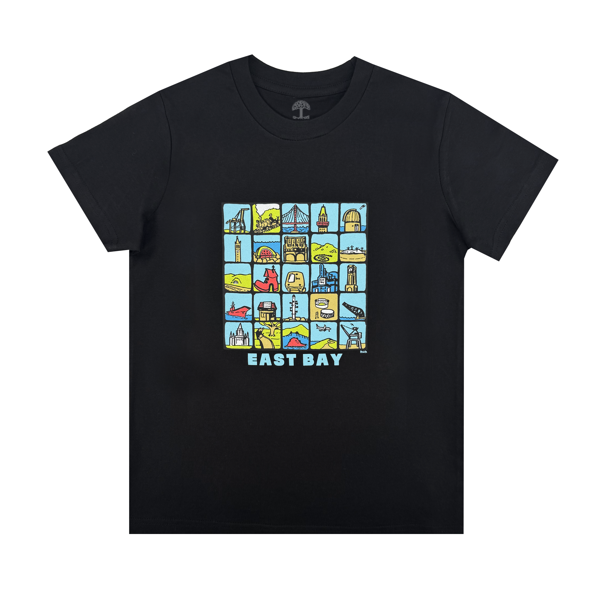 The Oaklandish Youth East Bay Landmark Tee is a black t-shirt with a colorful grid of iconic East Bay landmarks and nature scenes, plus "EAST BAY" in bold white letters—perfect for young Bay Area fans.