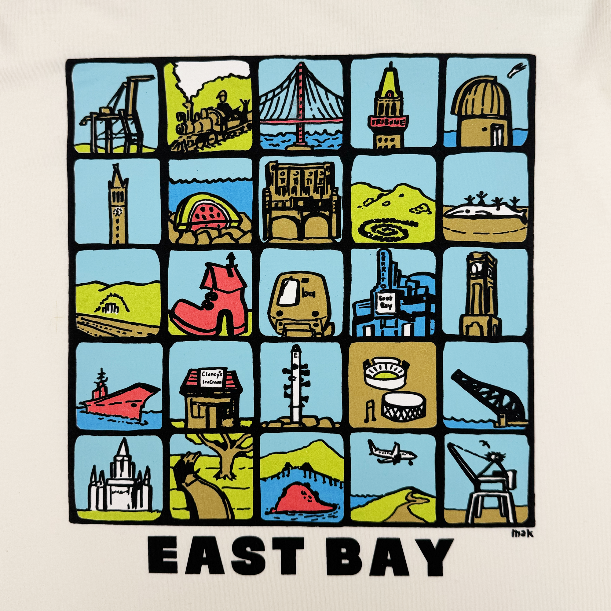 Oaklandish’s Women’s East Bay Landmarks Tee features a grid of colorful, cartoon-style blue and green illustrations of Bay Area icons, with “EAST BAY” in bold black below—the perfect t-shirt to show local pride.