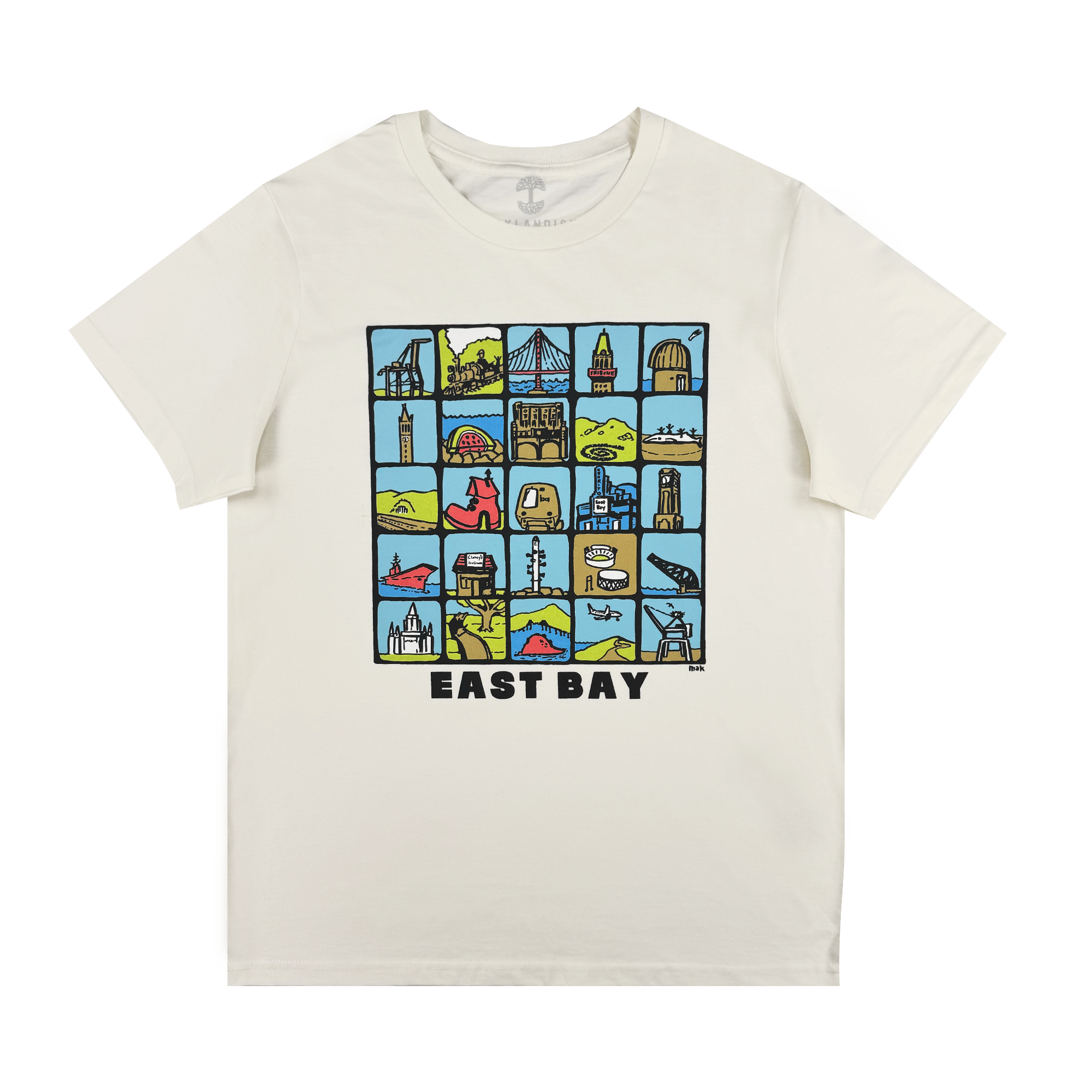 The Oaklandish Women's East Bay Landmarks Tee is a white shirt with a vibrant grid of cartoon-style East Bay icons and landmarks, finished with bold "EAST BAY" text below the design.