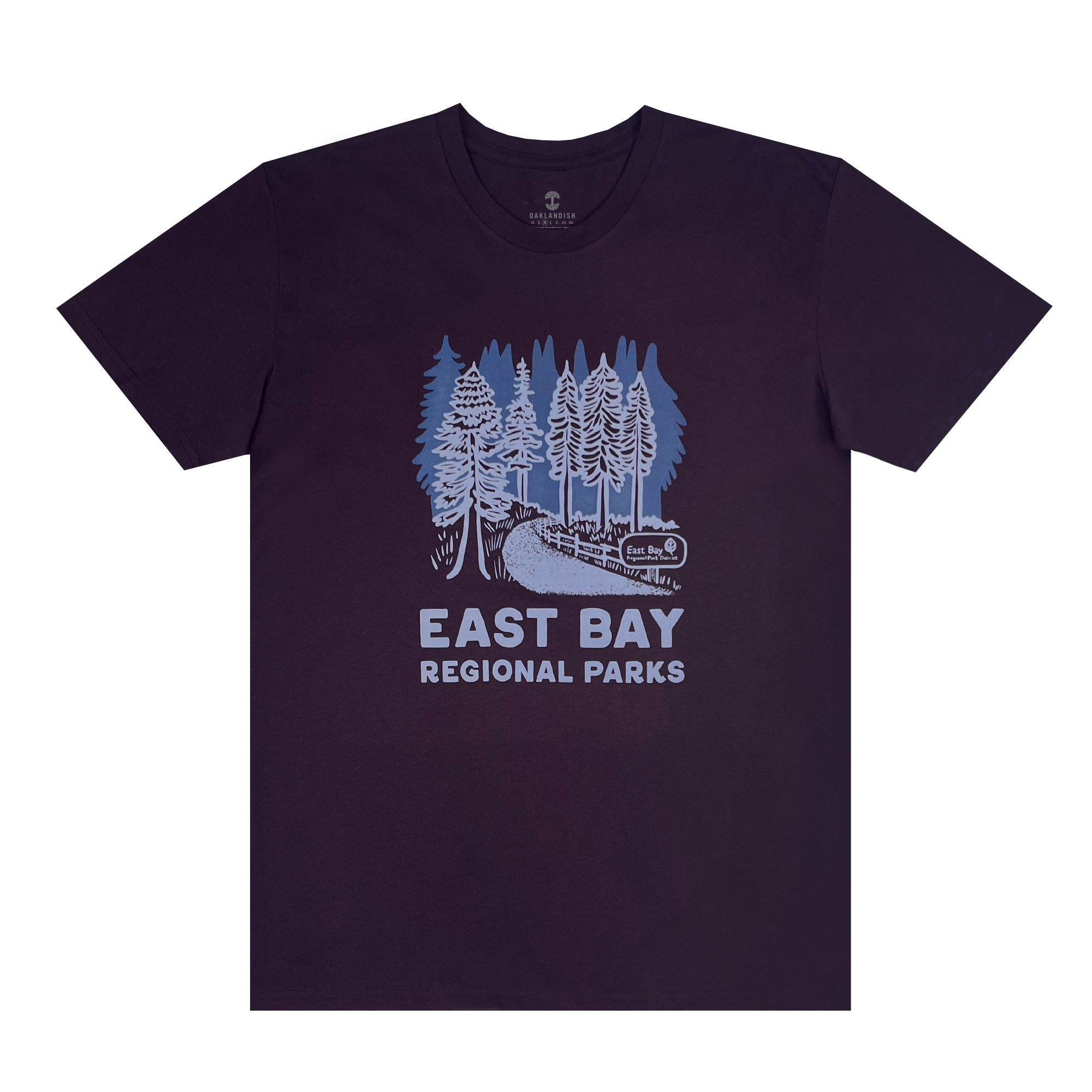 Front view of plum color cotton t-shirt with East Bay Regional Parks artwork.