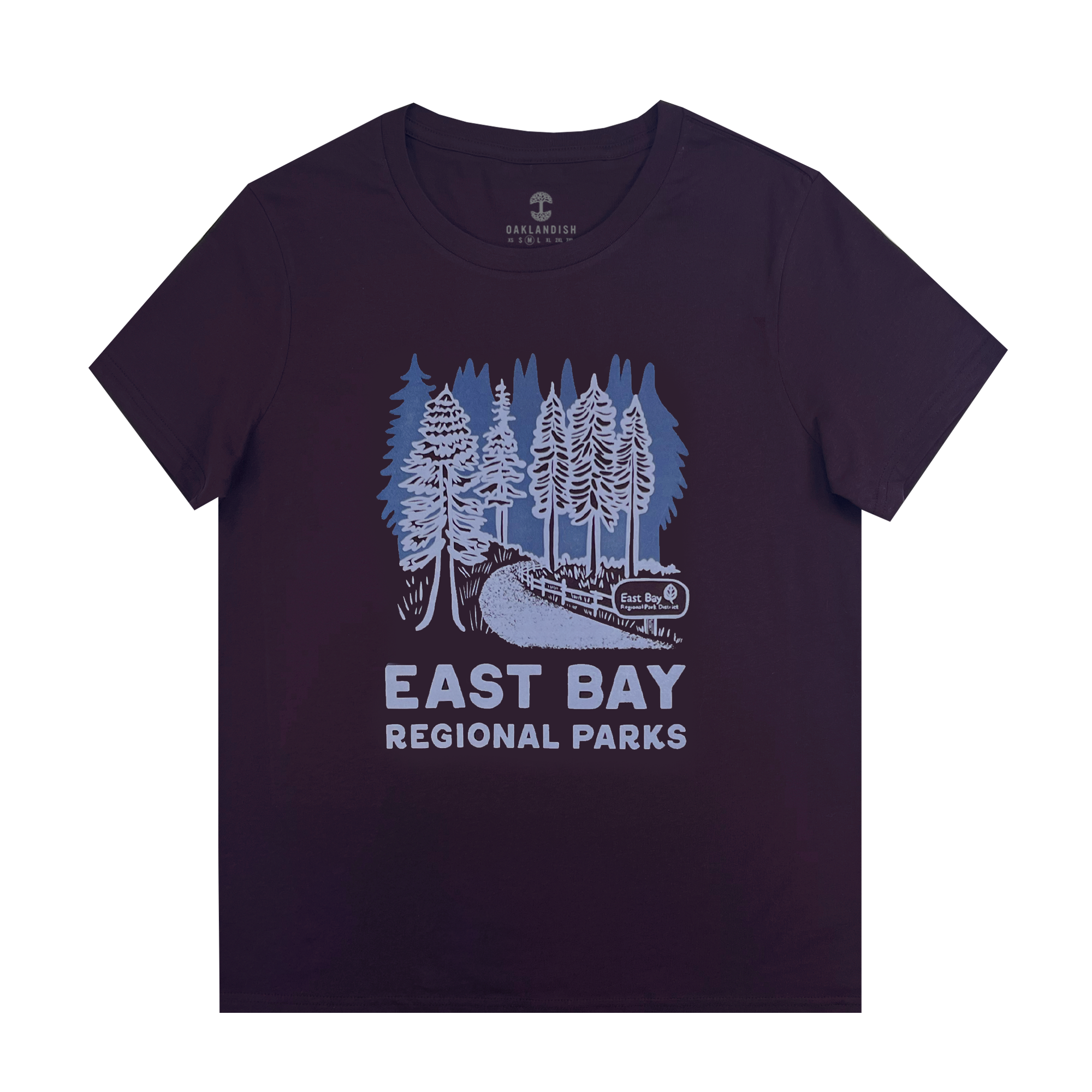 Front view of women's plum color cotton t-shirt with East Bay Regional Parks artwork.