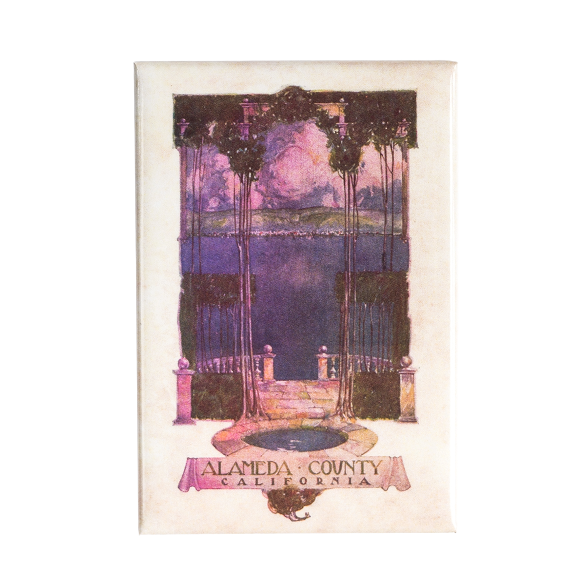 A vintage-style illustration on the Oaklandish Alameda County Magnet depicts tall trees framing a stone path down to the water, with distant mountains. The art features pink, purple, and blue tones with an art deco border, and “Alameda County California” printed at the bottom—making it a perfect East Bay souvenir or eye-catching addition to your refrigerator.