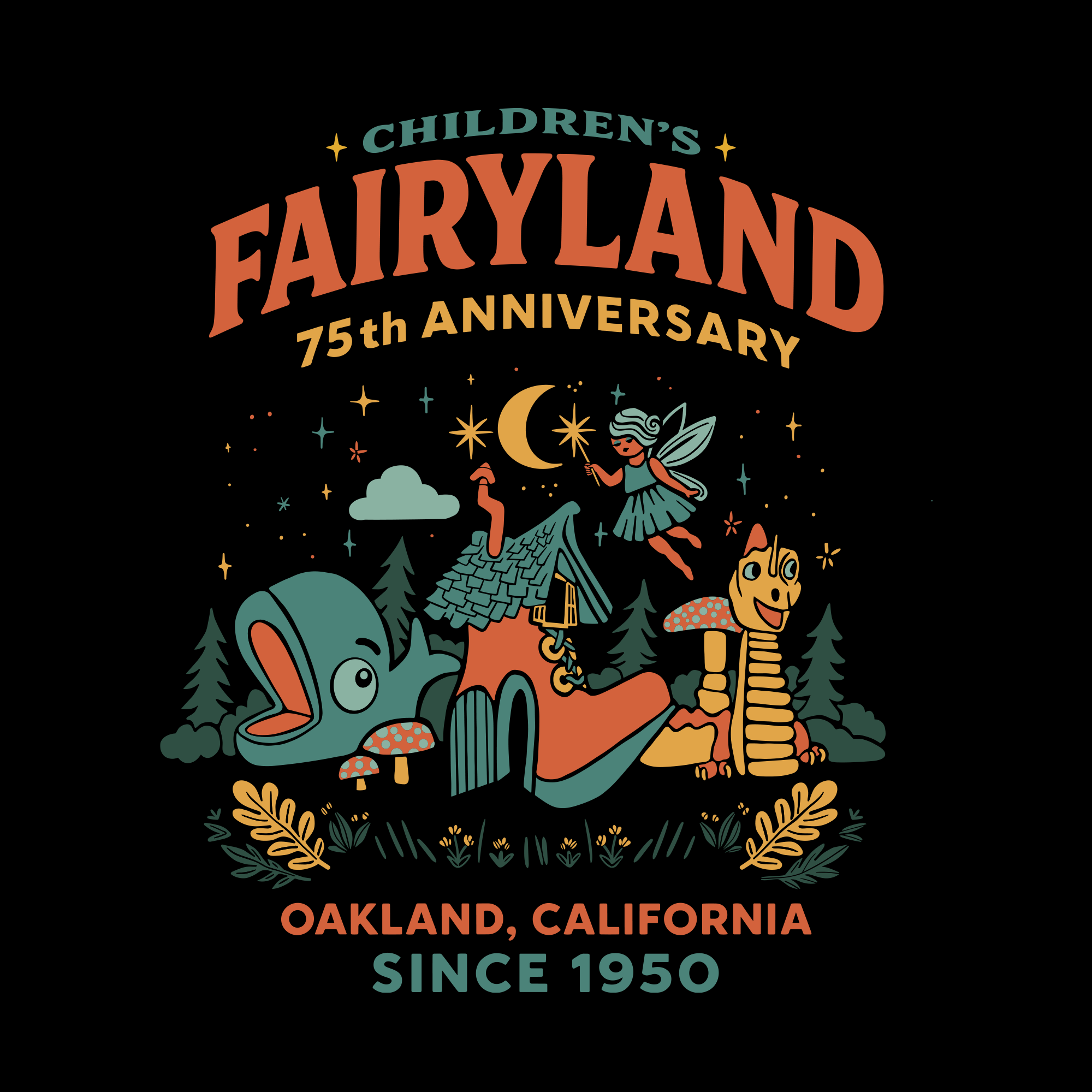 Celebrate Fairyland’s 75th with the Oaklandish Fairyland Nocturnal Tee, featuring a fairy, crescent moon, stars, storybook shoe house, whale, and puppet in vibrant teal, red, gold & orange. Text: “Oakland, California Since 1950.”.
