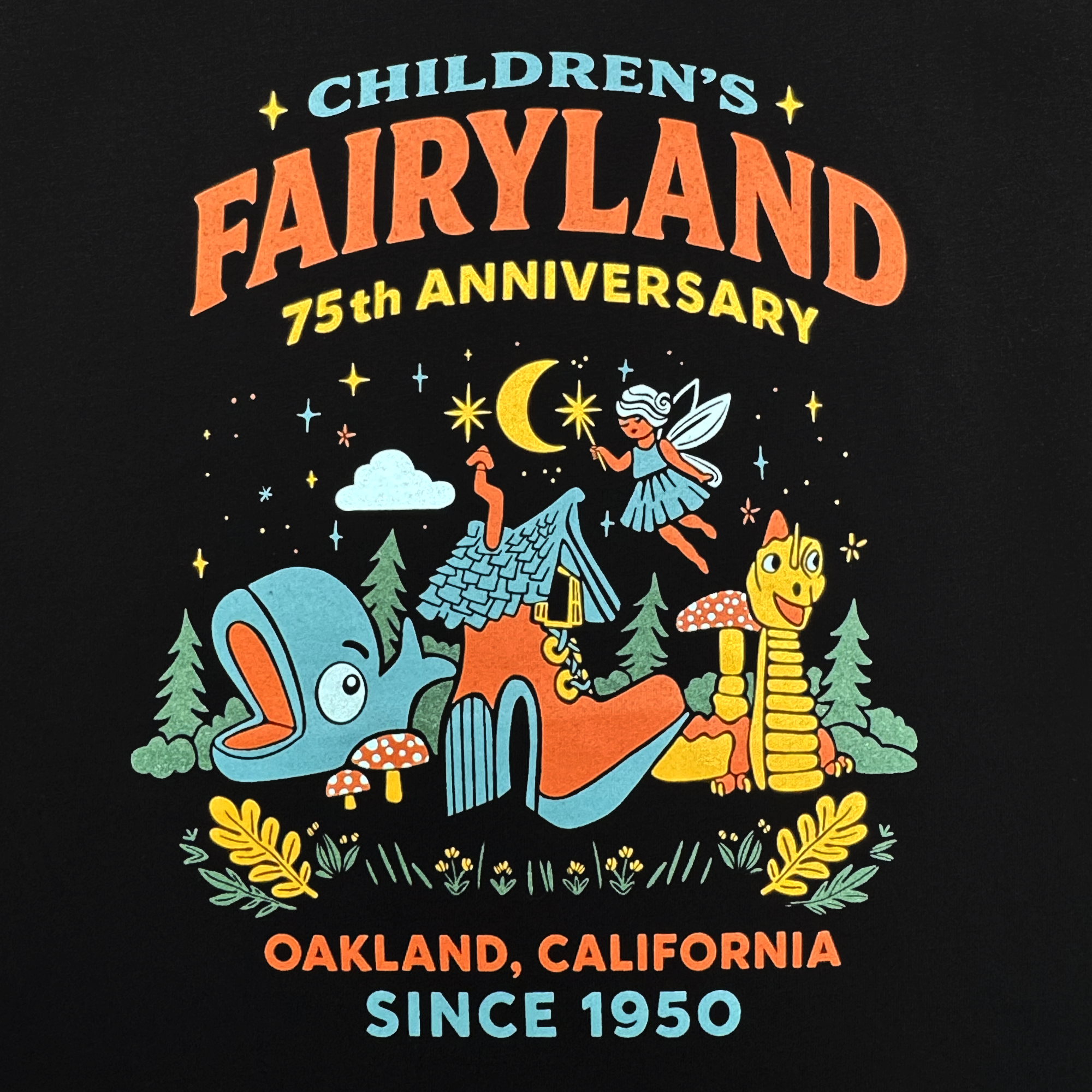 The Fairyland Nocturnal Tee by Oaklandish features a vibrant graphic celebrating Oakland’s beloved storybook theme park—Children’s Fairyland. Design highlights its 75th anniversary, with playful imagery on a black background.