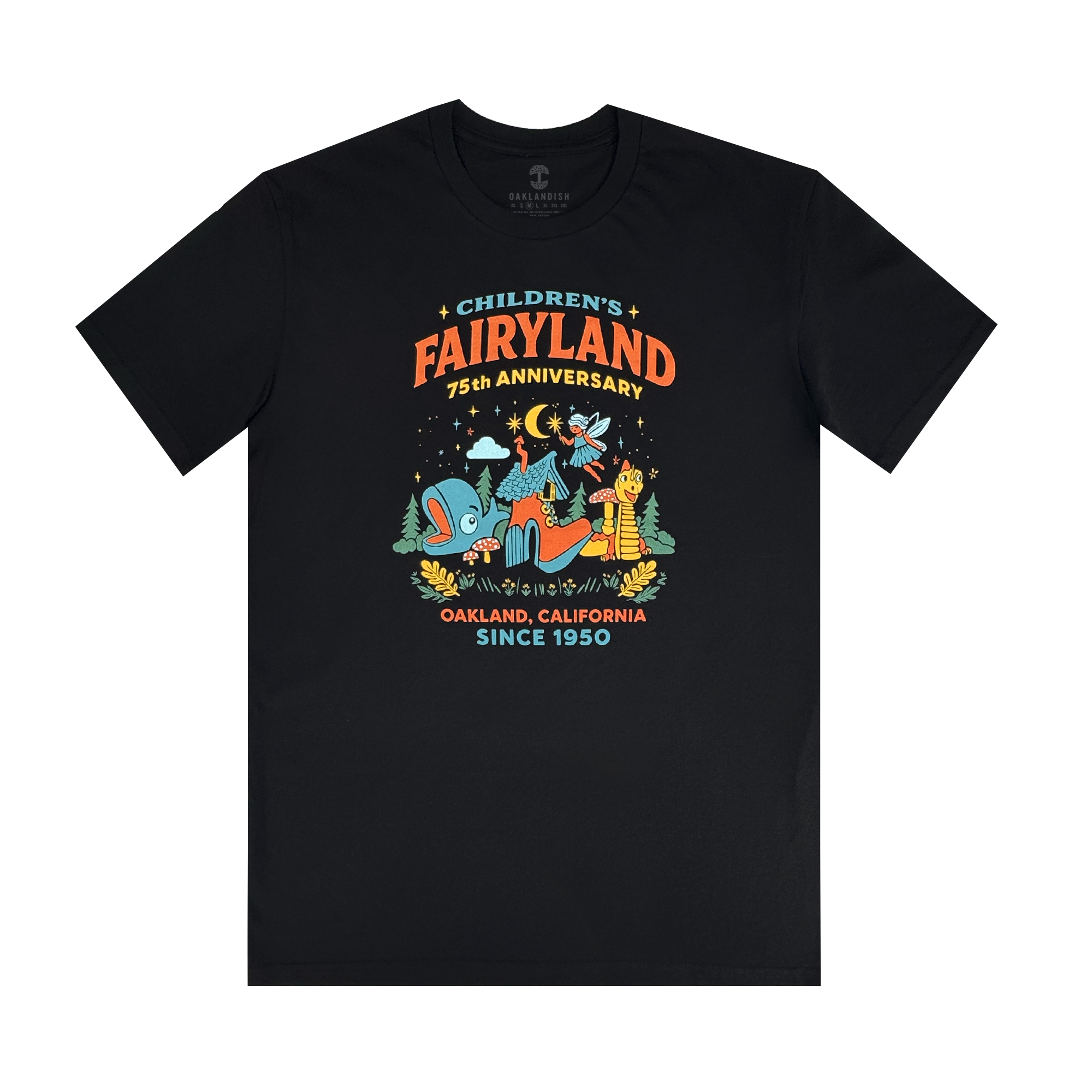 The Oaklandish Fairyland Nocturnal Tee features a black base with a vibrant blue dragon and yellow cat in a whimsical forest, celebrating Fairyland’s 75th Anniversary in playful fonts.