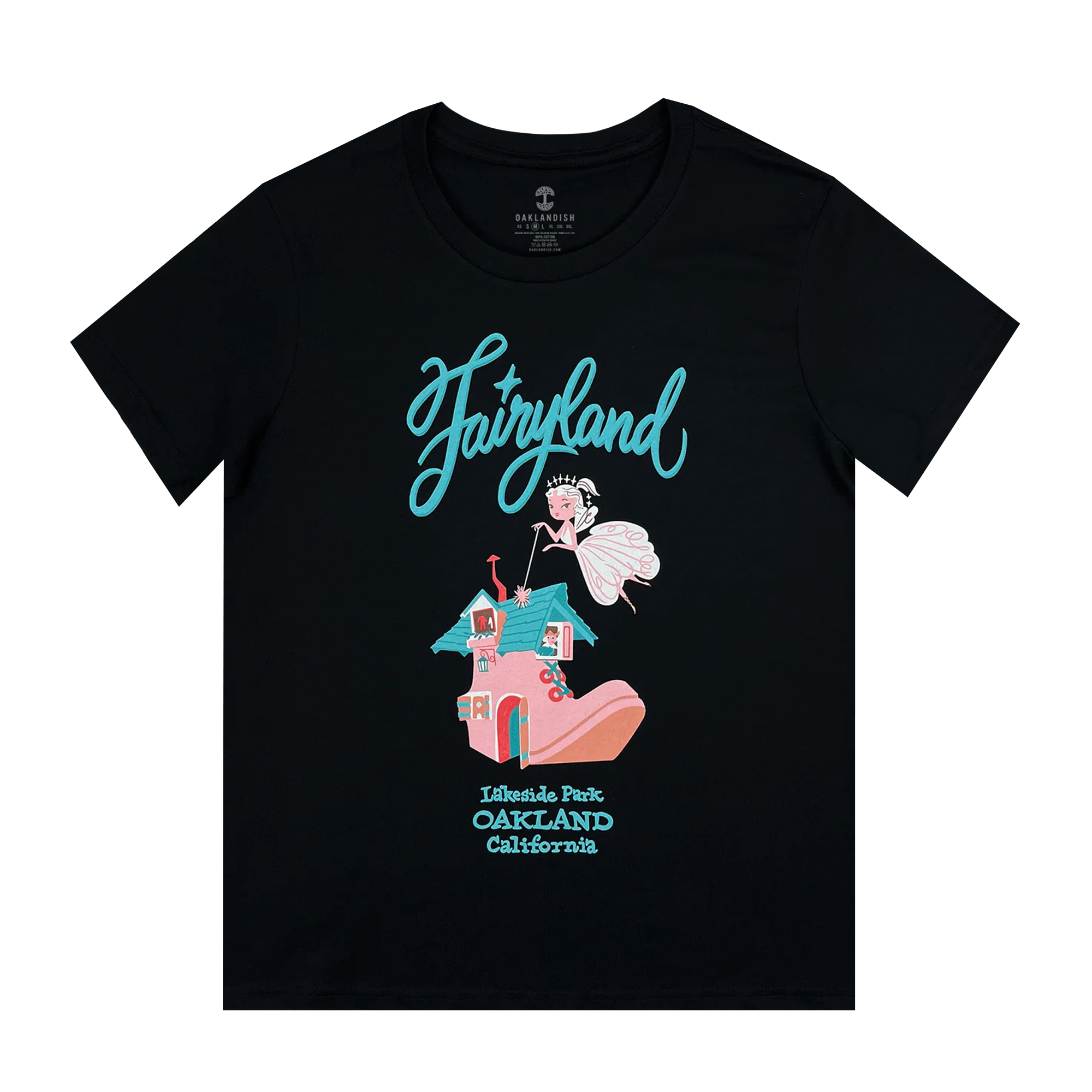Black women’s cut t-shirt with retro style blue and pink Oakland Fairyland graphic on the front center chest.