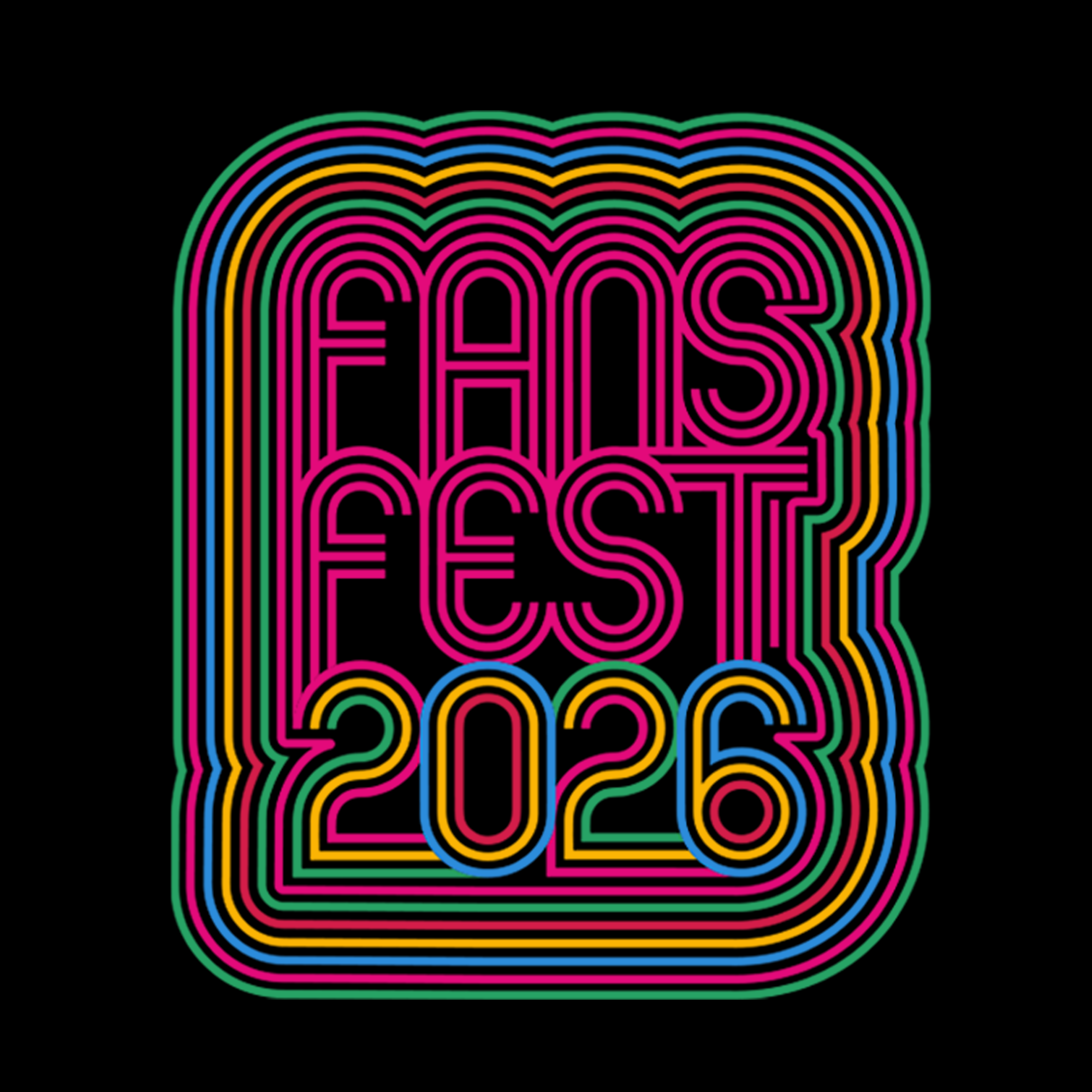 The (Preorder) Fans Fest 2026 Tee by Other features bold neon pink, yellow, green, and blue “FANS FEST 2026” text in a retro font on a classic fit black 100% cotton t-shirt for a vibrant festival-inspired look.
