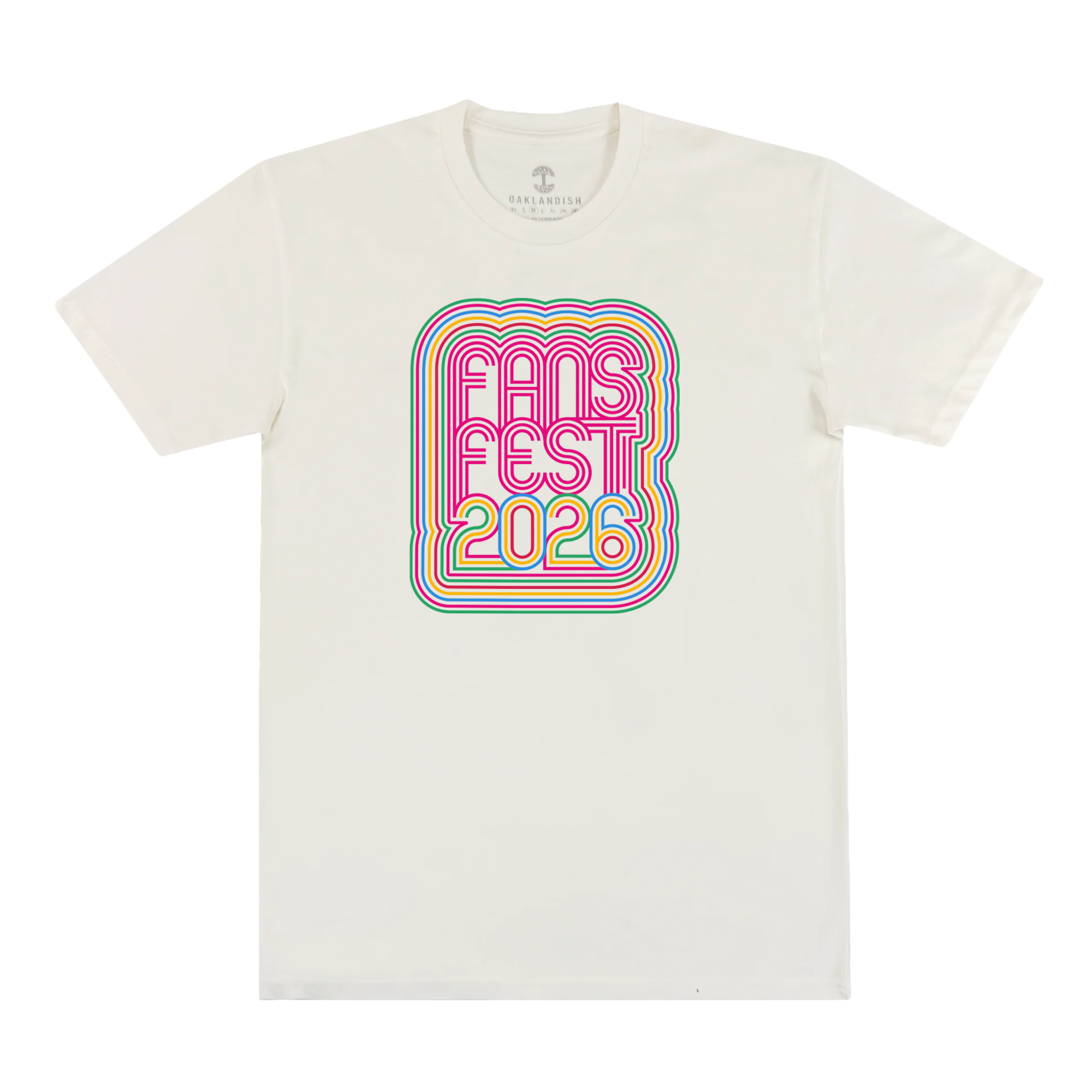 The (Preorder) Fans Fest 2026 Limited Tee by Other is a white 100% cotton classic fit shirt featuring a retro “FANS FEST 2026” chest graphic with bold stripes, crew neckline, and short sleeves. Limited preorder only.
