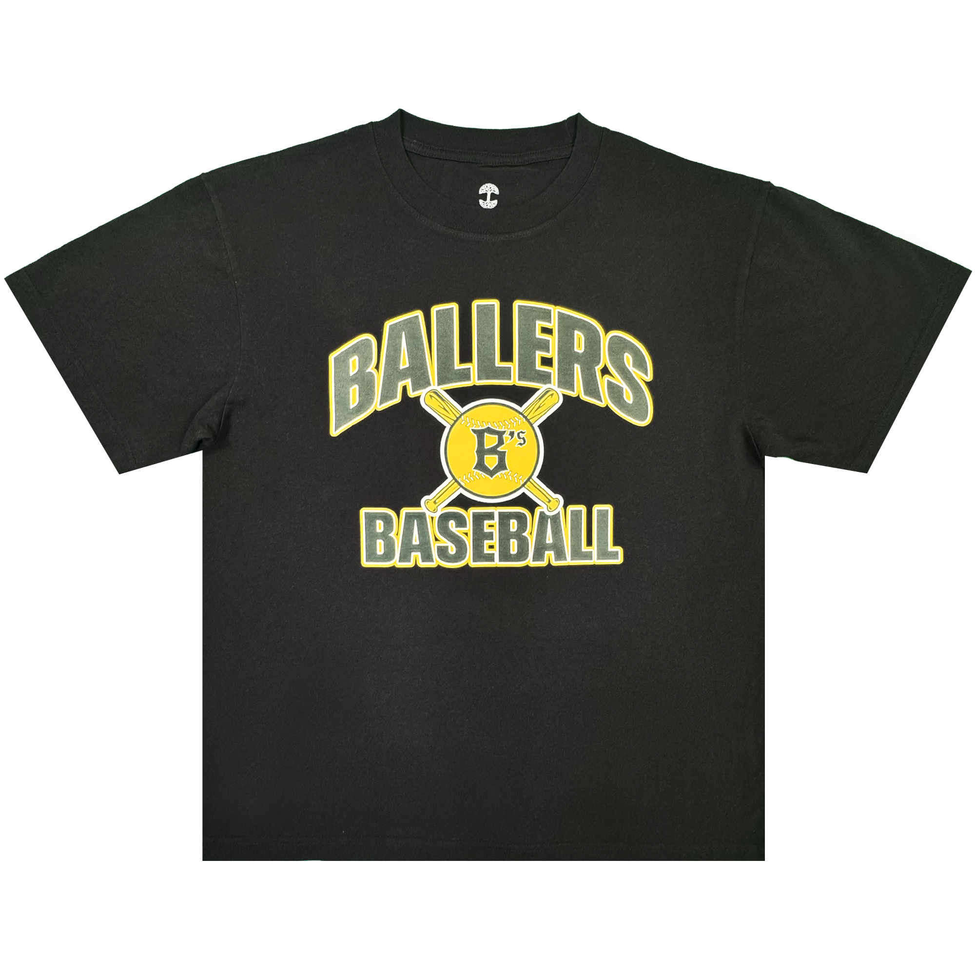 The Fireball Tee by Oakland Ballers is a black classic fit t-shirt crafted from 100% heavy-weight cotton, featuring yellow and white “BALLERS BASEBALL” text and a graphic of two crossed bats with a yellow baseball marked by a black “B” and “7′s” at the center, shown against a plain white background.