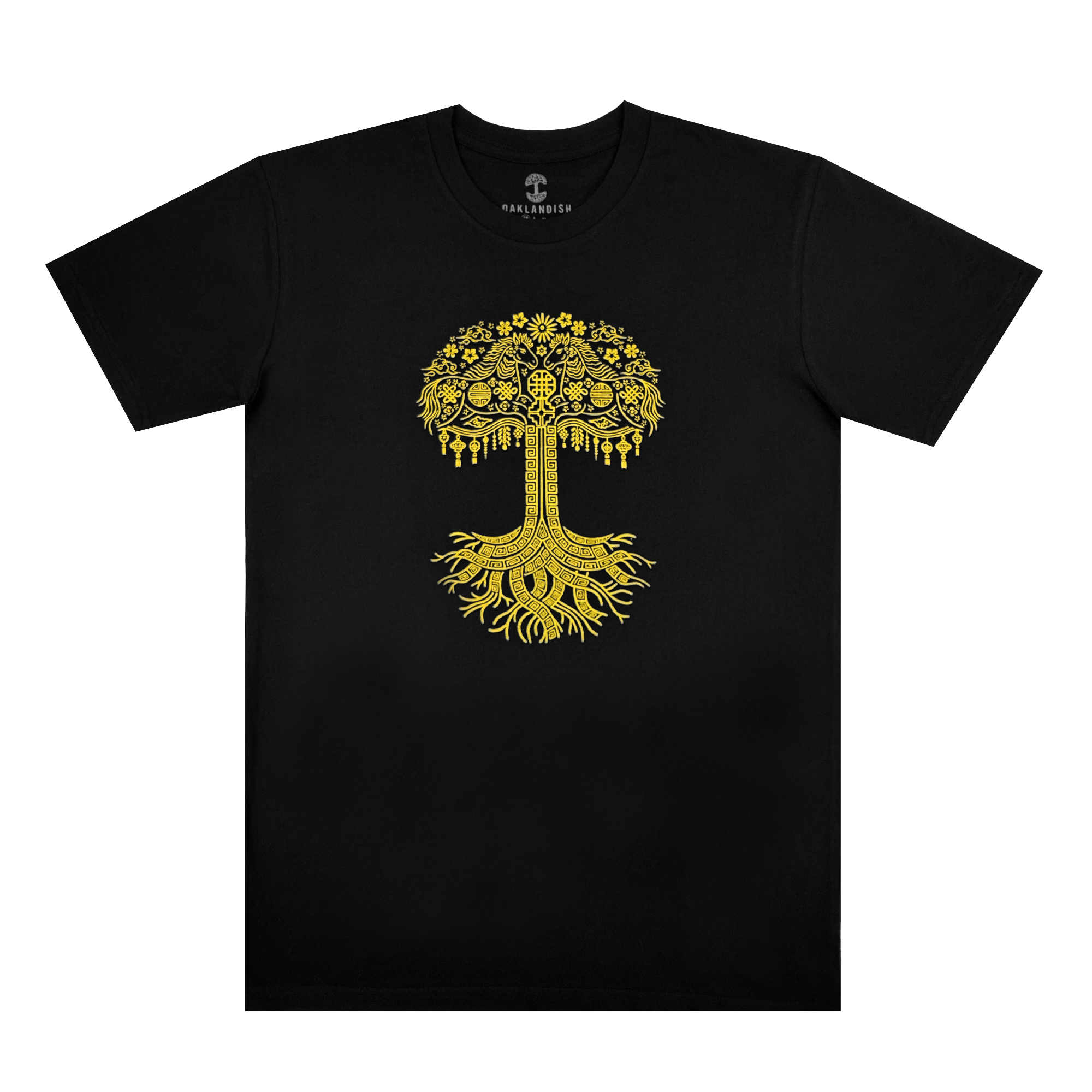 The Oaklandish Fire Horse Tee is a black men's cotton t-shirt with an intricate yellow stylized tree design, featuring ornate roots and branches in a symmetrical chest pattern. Classic fit for comfort and style against a plain white background.