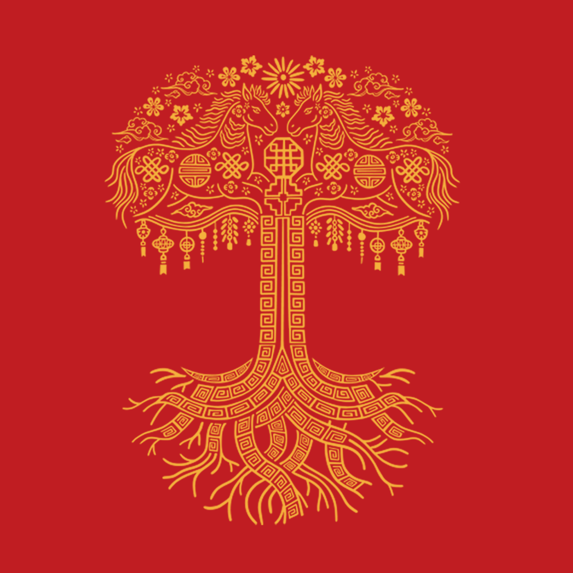 The Oaklandish Youth Fire Horse Tee features a gold ornamental tree with roots and branches, mirrored horses, flowers, and lanterns in a festive East Asian-inspired design printed on soft red 100% cotton.