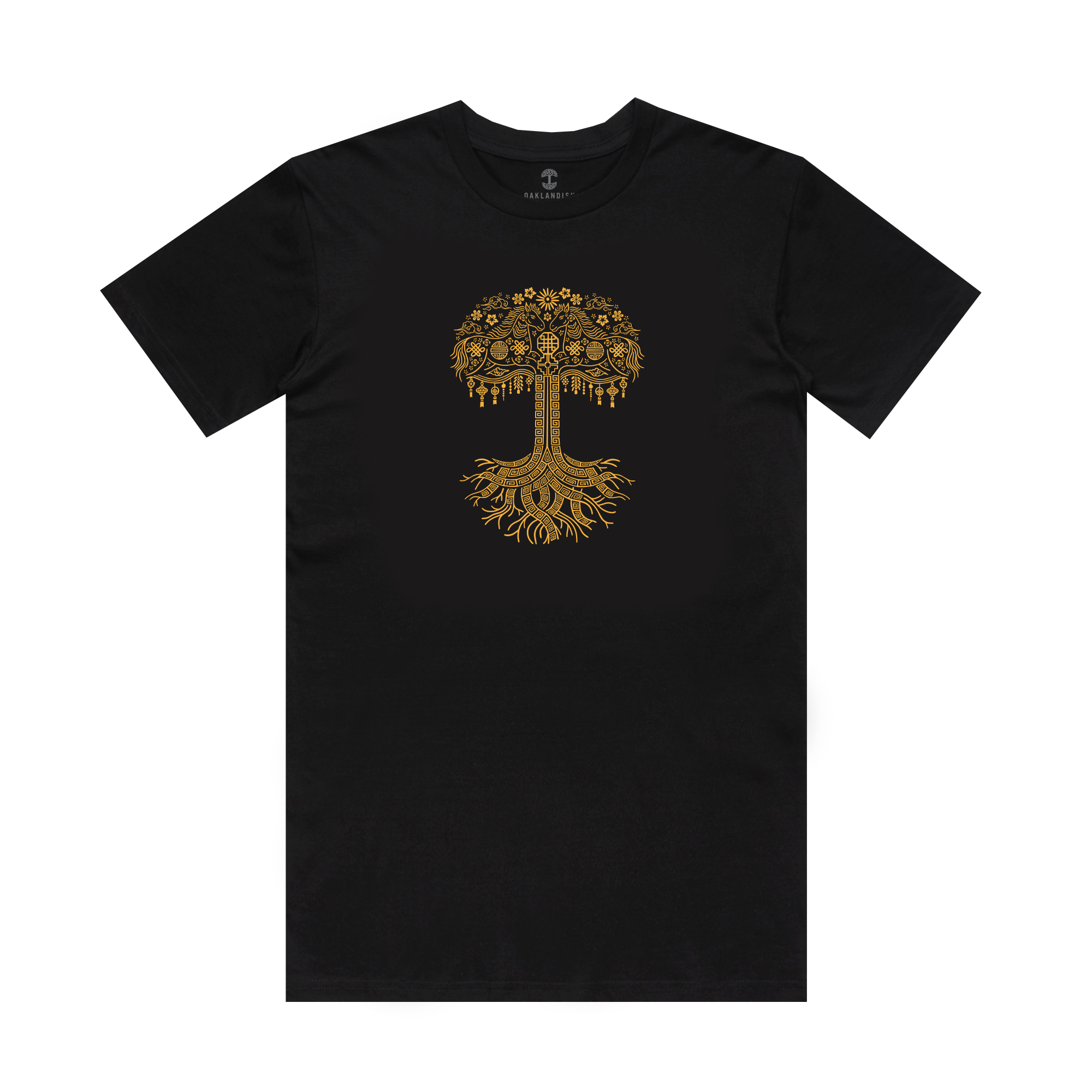 The Oaklandish Fire Horse Tee is a black men’s cotton t-shirt with a gold stylized tree design—detailed branches, flowers, and roots—in an ornate, symmetrical pattern. Classic fit for a bold look.