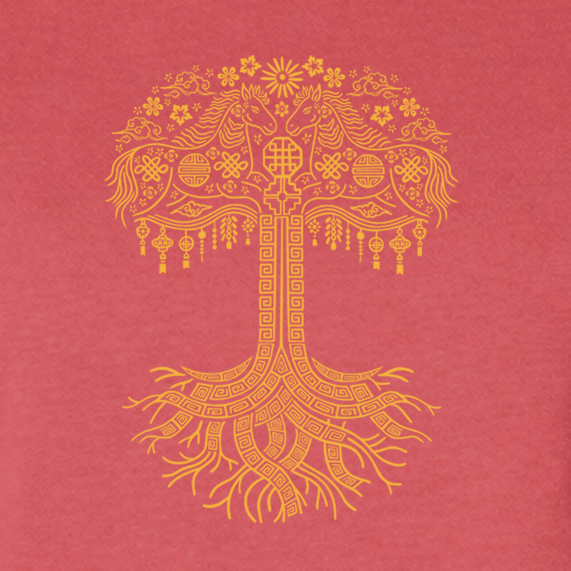 The Oaklandish Women's Fire Horse Tee features a golden, symmetrical tree with two unicorns amid its leafy top on a vintage red backdrop—an ornate Year of the Fire Horse design perfect for a classic fit t-shirt.