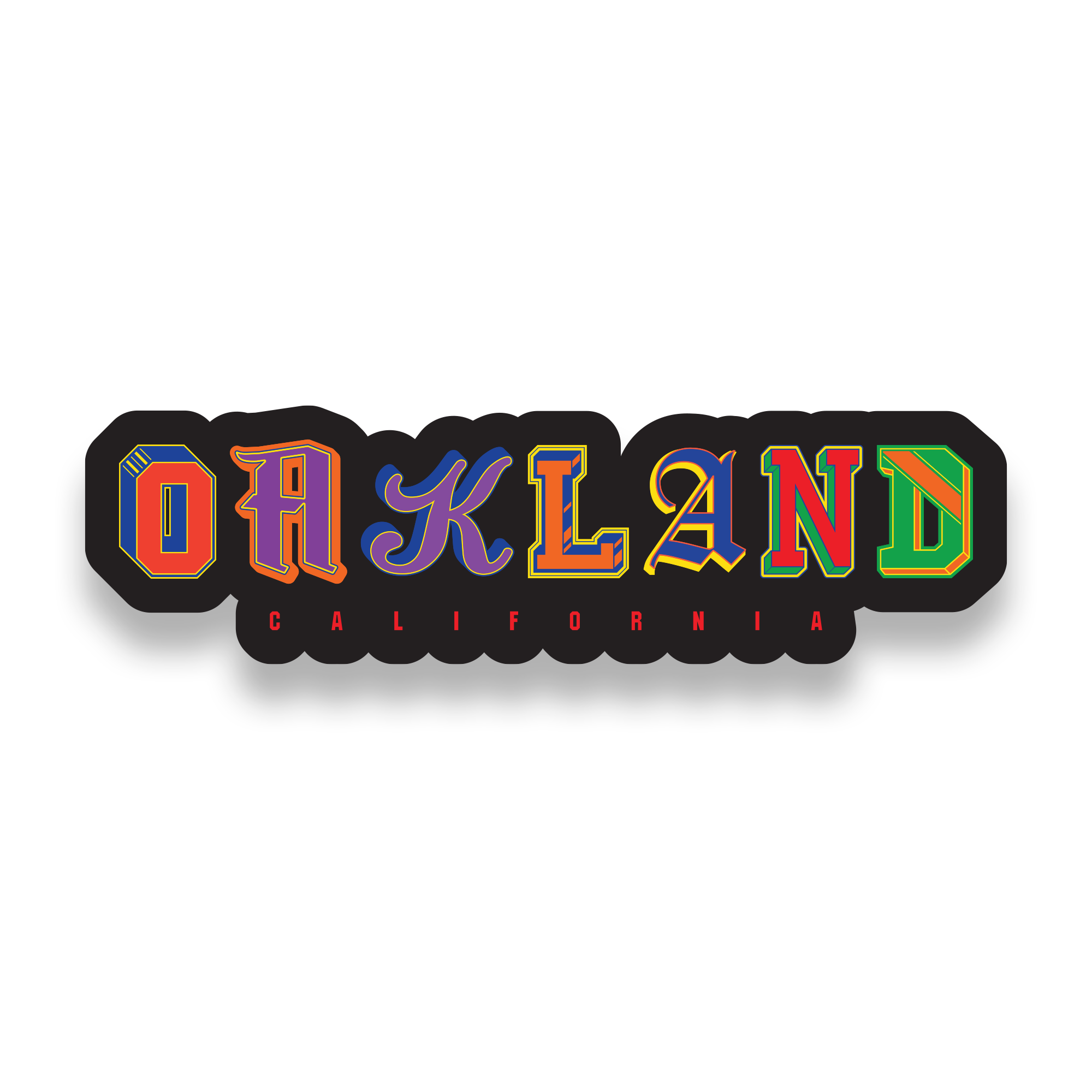 The image prominently showcases "OAKLAND" in vibrant, ornate letters, each uniquely styled. Beneath it, "CALIFORNIA" is displayed in smaller orange uppercase on a black background. This First Team Sticker by Oaklandish is perfect for accessorizing and celebrating your style.