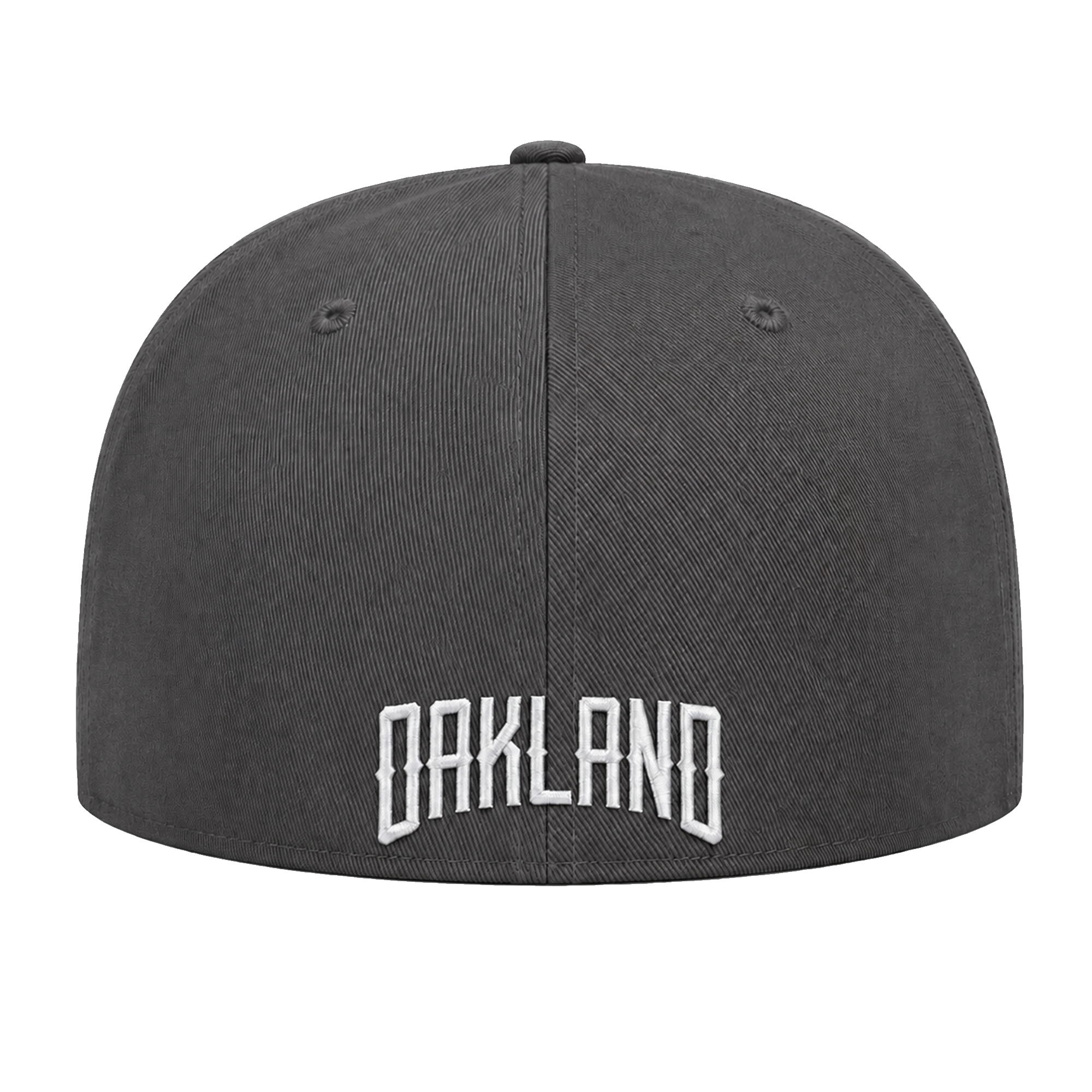 An Oakland Ballers Logo Hat in dark gray is pictured from the back, showcasing “OAKLAND” embroidered in bold, white, uppercase letters near the bottom edge—a tribute to the proud legacy of the Oakland Ballers pro baseball team. The cap includes two small ventilation holes on each side and a button on top. The background is plain white.