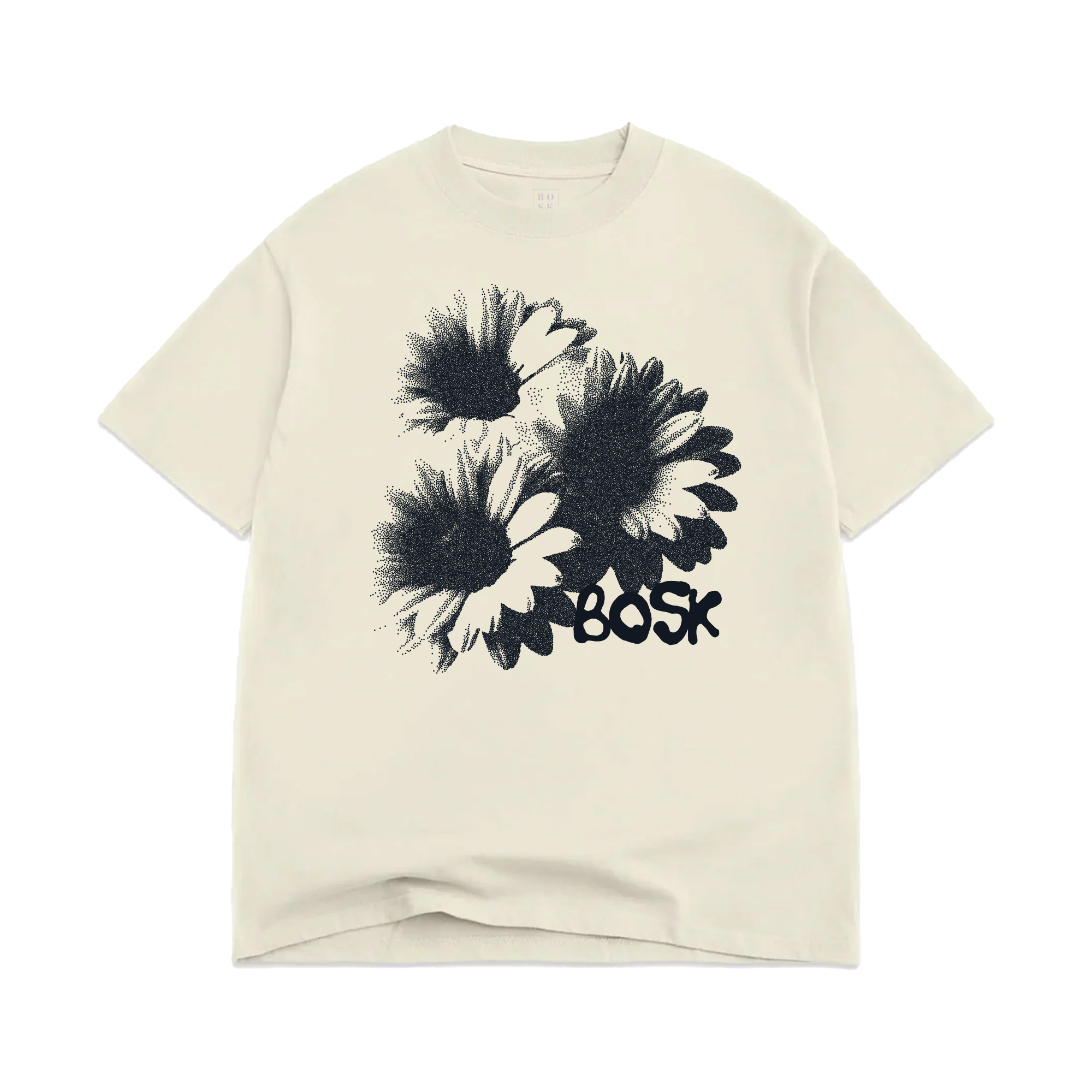 The Floret Tee by BOSK is a beige, heavyweight cotton oversized t-shirt with a black sketch-style graphic of four daisies and bold “BOSK” lettering overlapping the lower right. Available in men’s sizing.