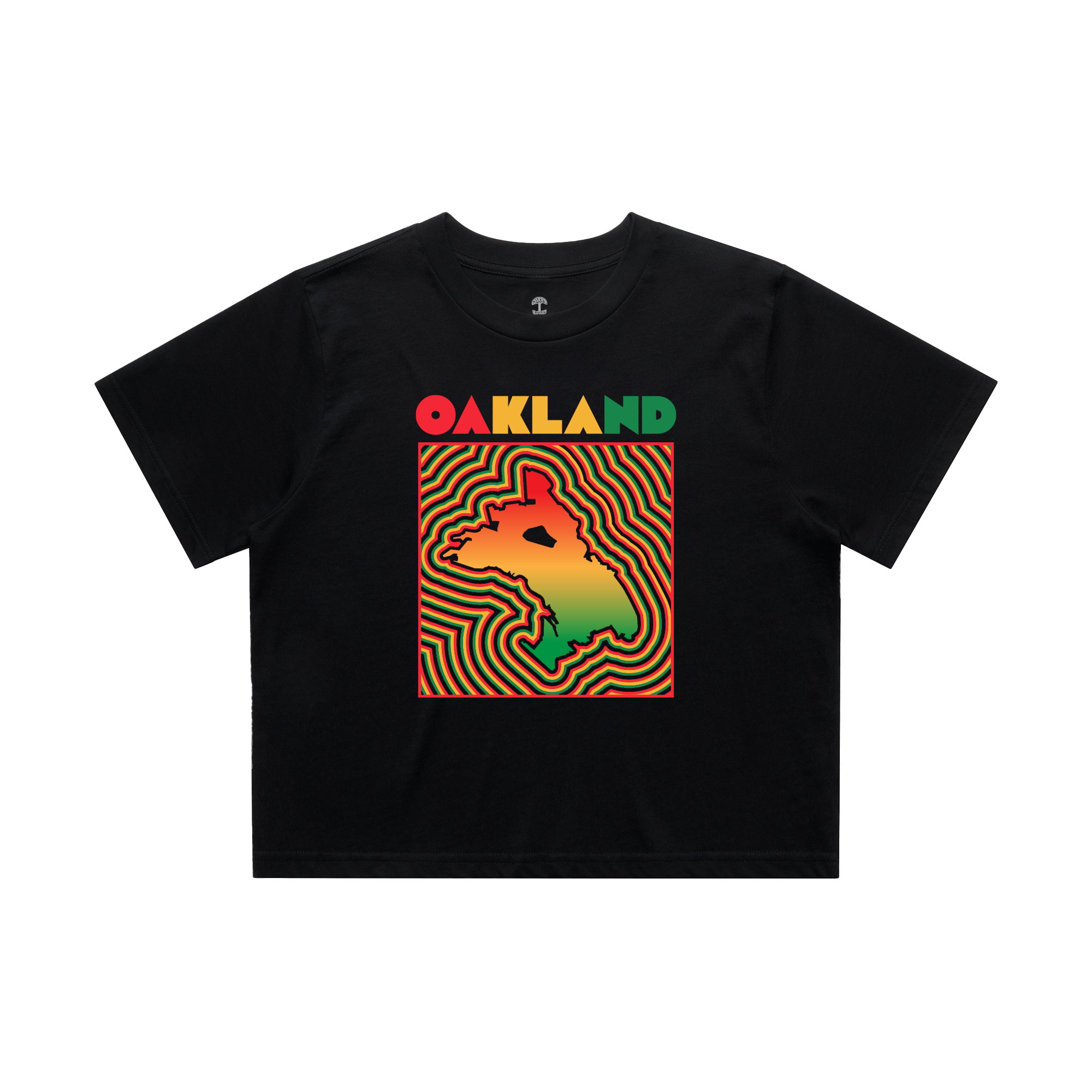 Oaklandish Women's Flourish Crop Tee: Black crop tee from a Black-owned brand, featuring "OAKLAND" in green, yellow, and red above a stylized Oakland outline with a colorful gradient and psychedelic lines in a rectangular frame.