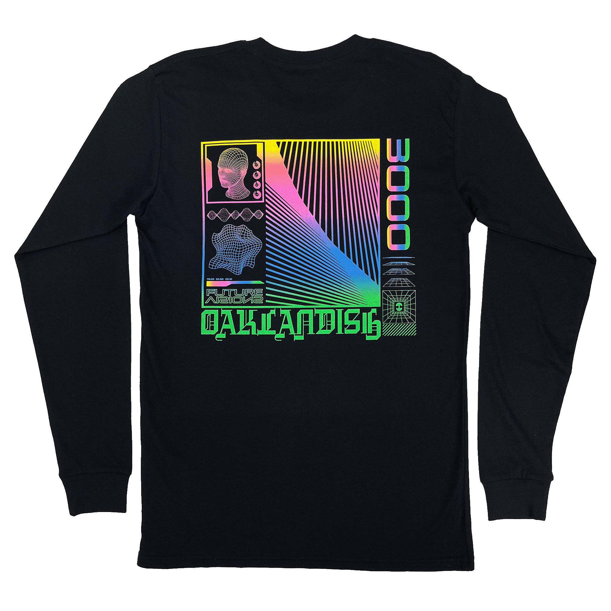 Backside view of black long-sleeve t-shirt with neon pink, yellow, blue, and green futuristic graphic with OAKLANDISH wordmark.