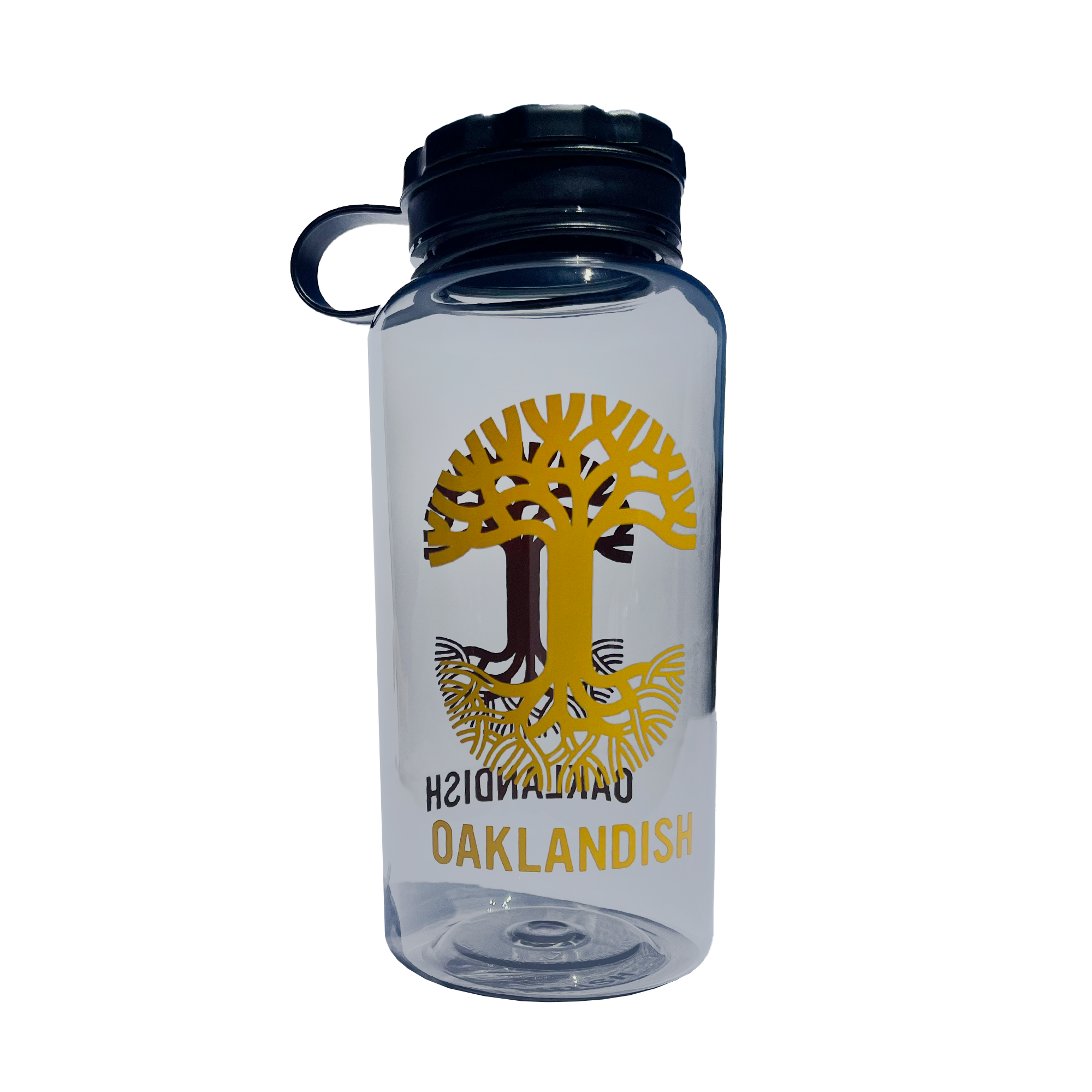 Translucent grey water bottle with scre-on black lid with yello Oaklandish tree logo and text, slightly tilted