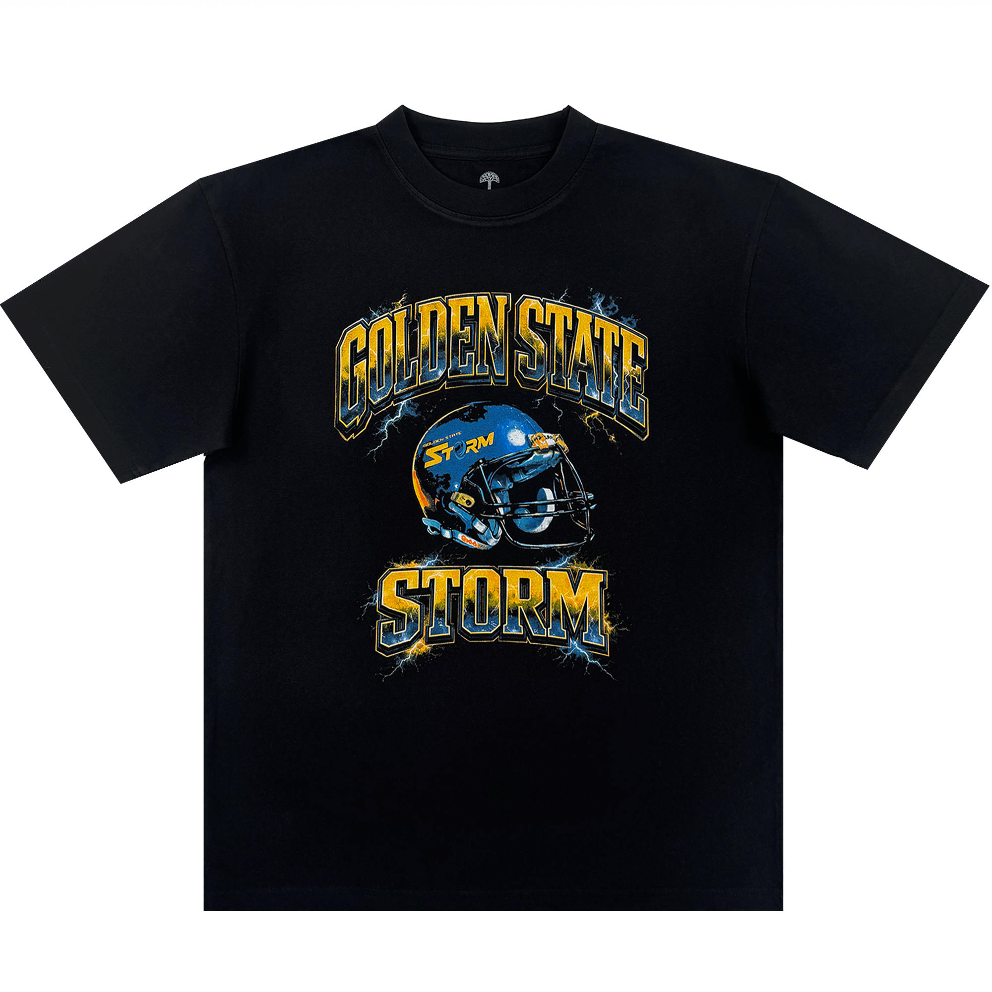 The Golden State Storm Y&B Tee by Oaklandish is a men's black heavy-weight cotton t-shirt with a blue football helmet, “STORM”, yellow-and-blue “GOLDEN STATE STORM” text, and a bold lightning-effect background in a classic fit.