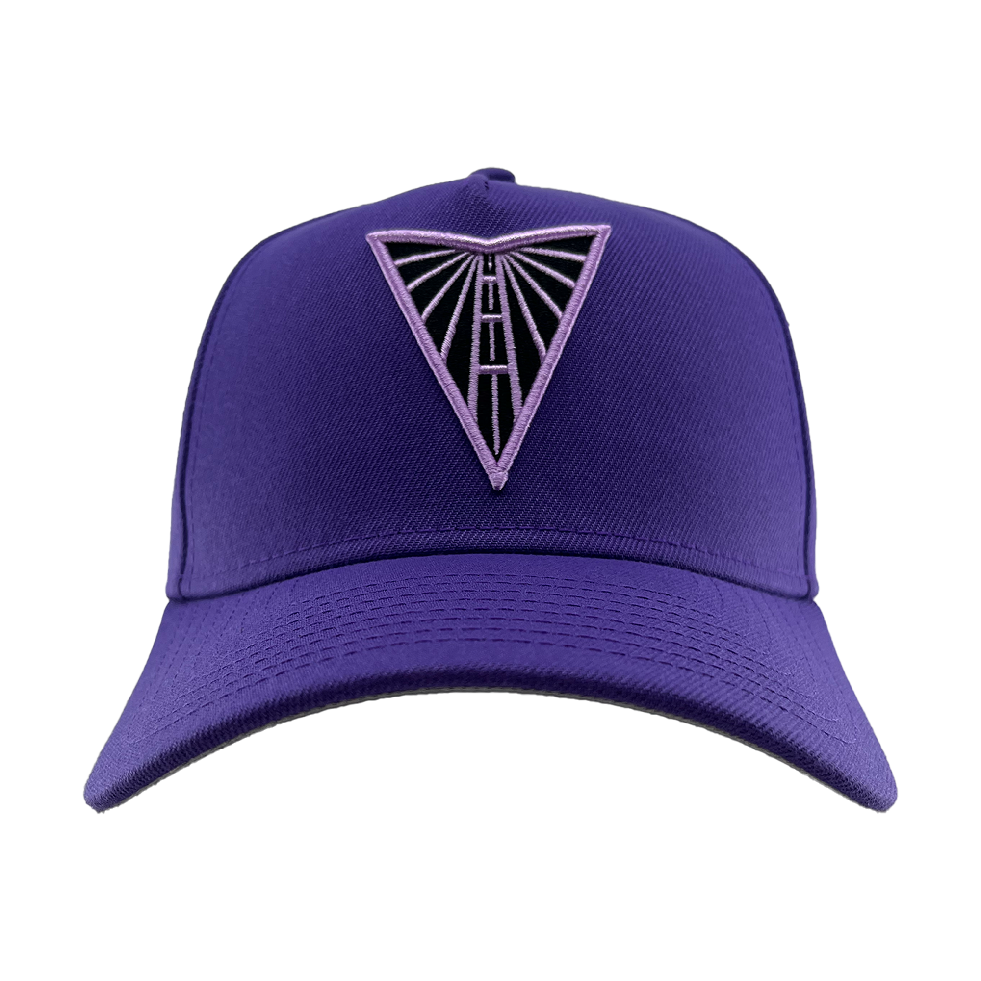 A purple GSV 9FORTY AF adjustable snapback cap by GSV with a flat brim. The front displays an embroidered, upside-down triangle outlined in light purple, accented by radiating black and light purple geometric lines.