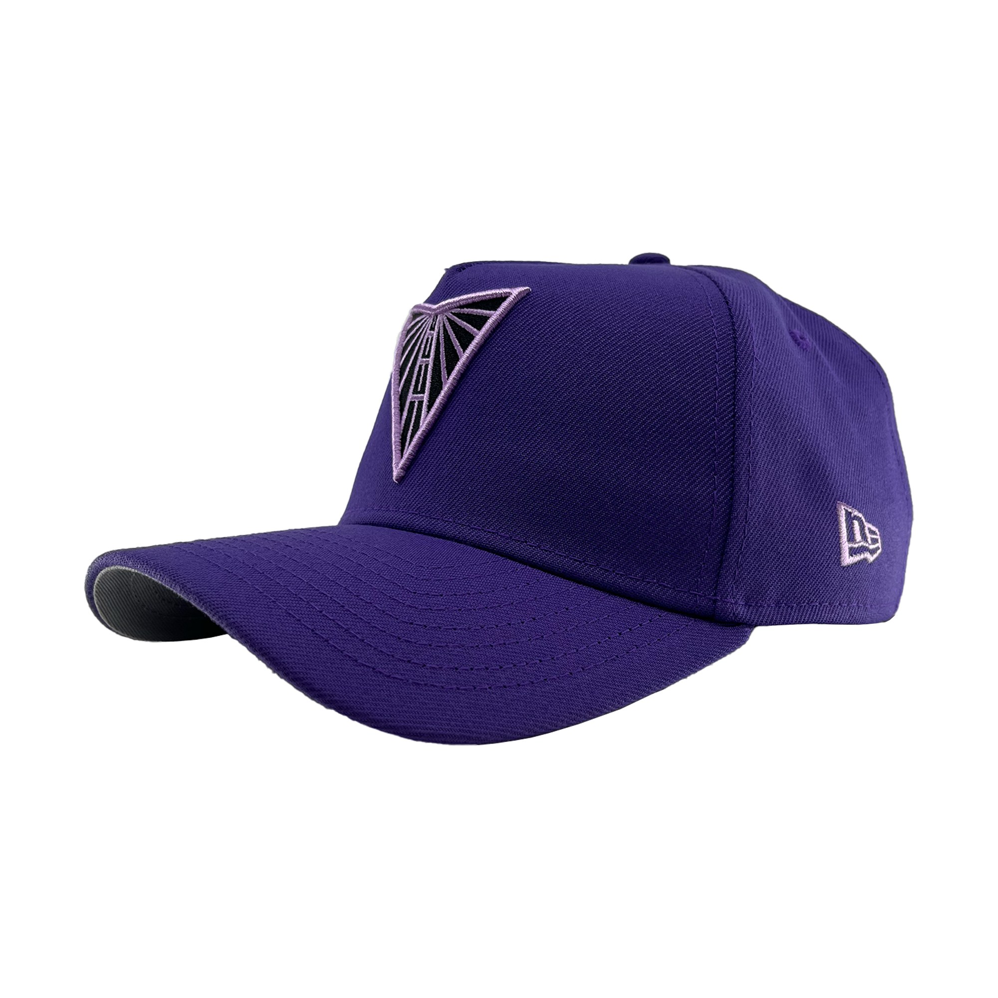 The GSV 9FORTY AF by GSV is a purple adjustable snapback baseball cap with a curved brim, featuring a light purple geometric triangle logo and a small white Golden State Valkyries New Era logo. Shown on a plain white background.